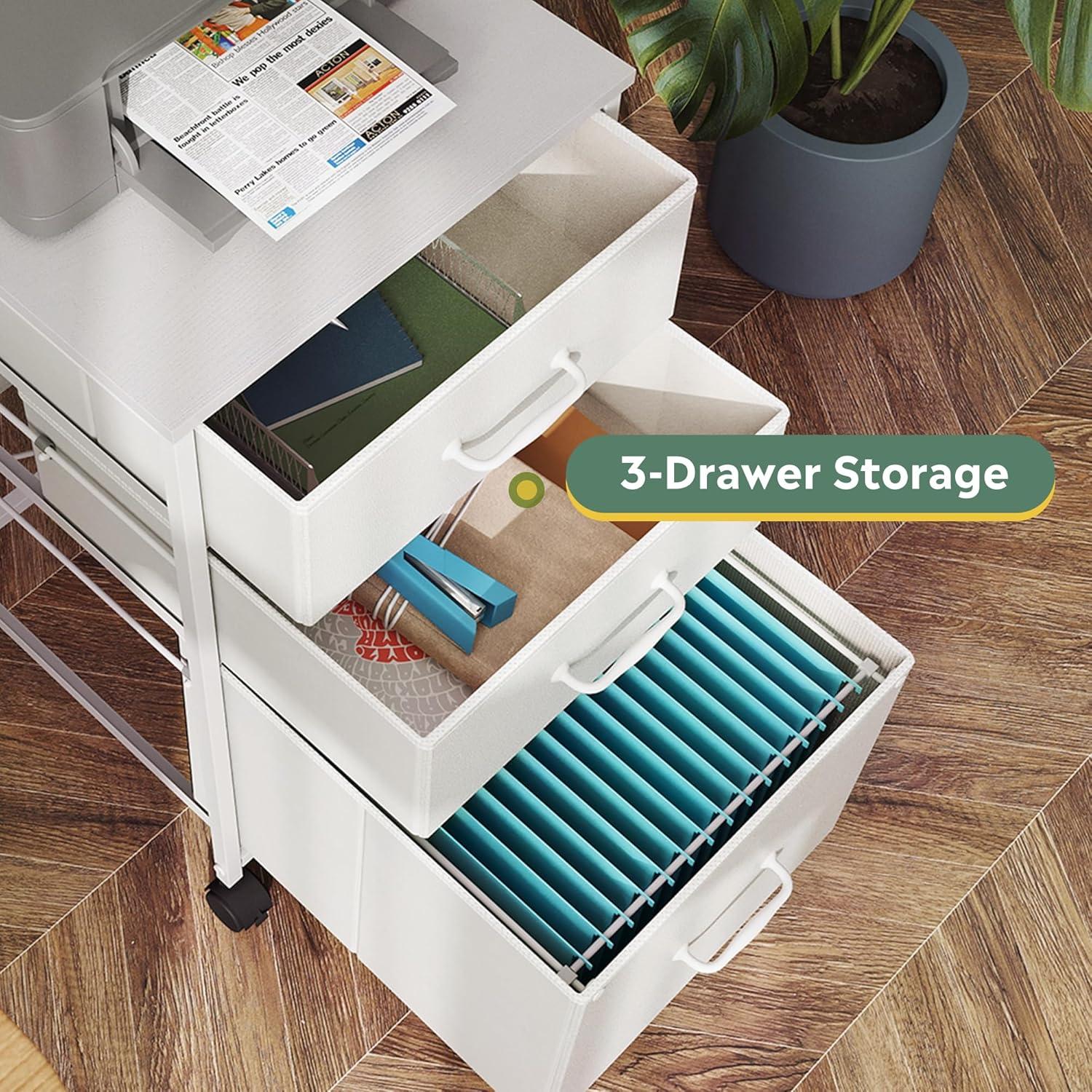 White Fabric and Steel Mobile File Cabinet with 3 Drawers
