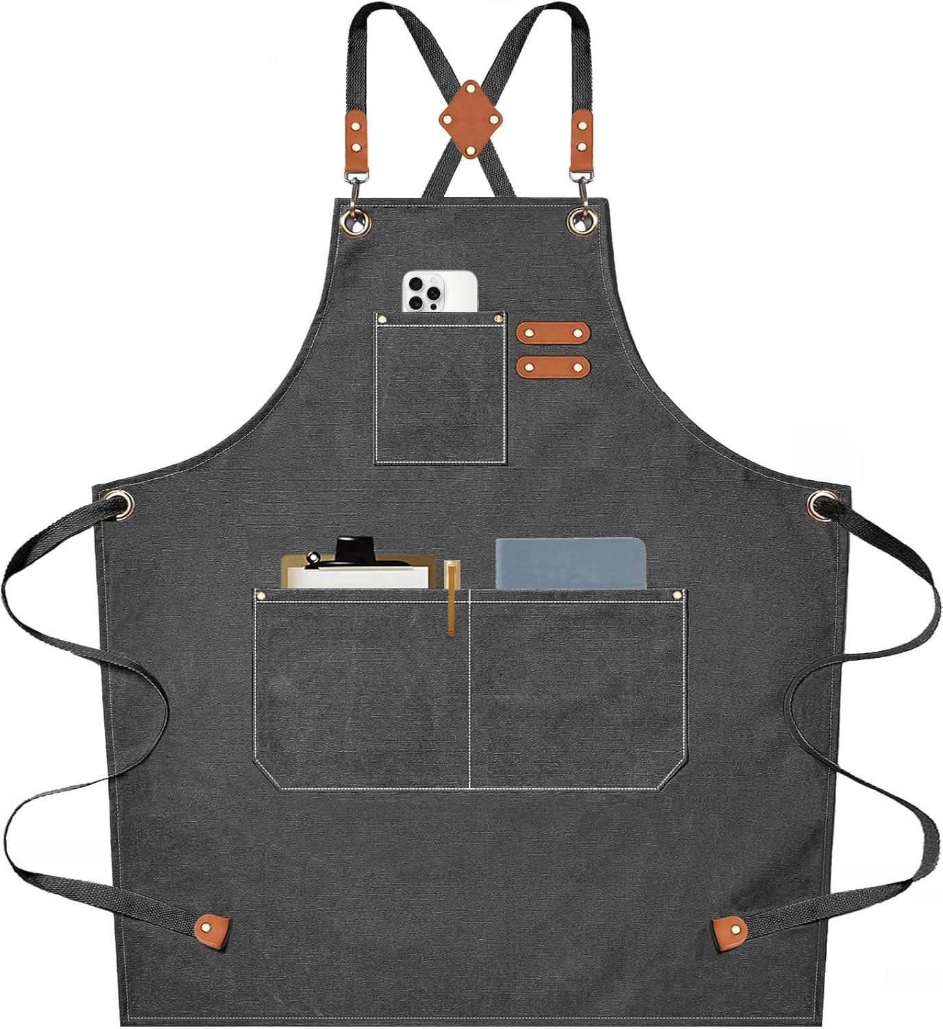 AFUN Chef Aprons for Men Women with Large Pockets, Cotton Canvas Cross Back Heavy Duty Adjustable Work Apron, Size M to XXL(Grey)