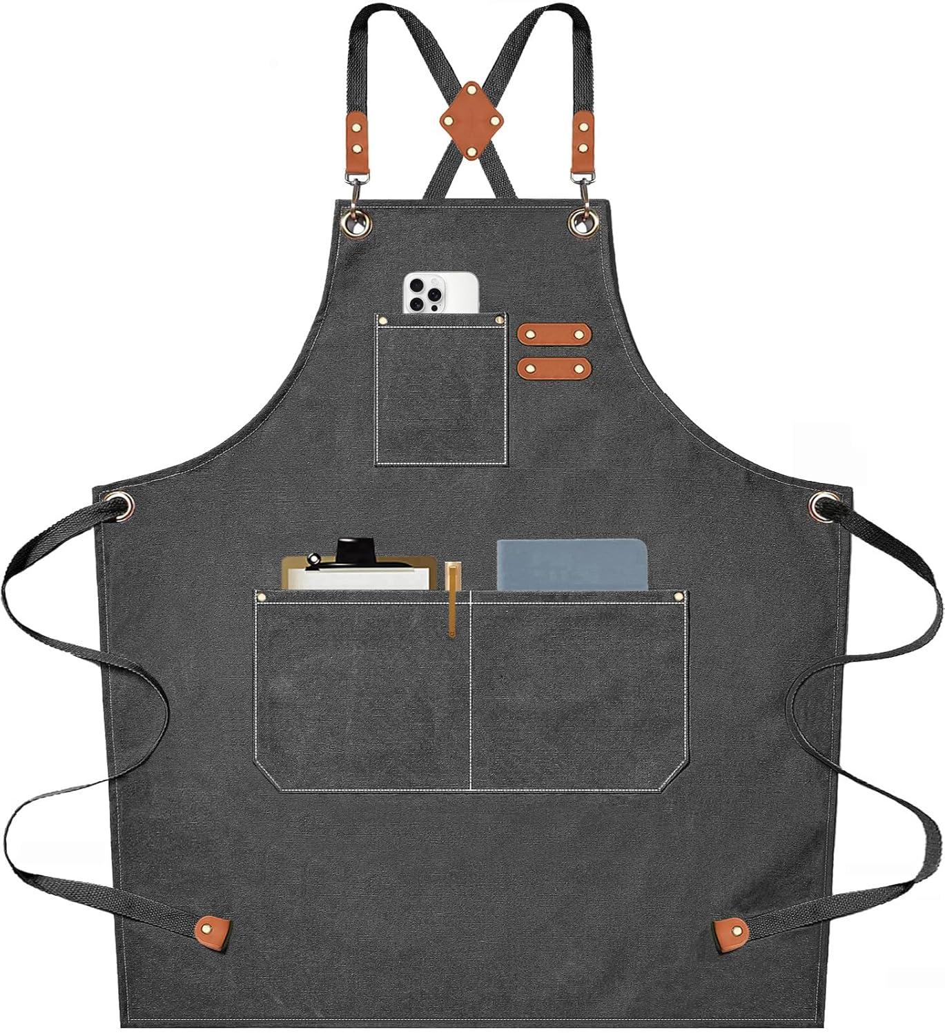 AFUN Chef Aprons for Men Women with Large Pockets, Cotton Canvas Cross Back Heavy Duty Adjustable Work Apron, Size M to XXL(Grey)