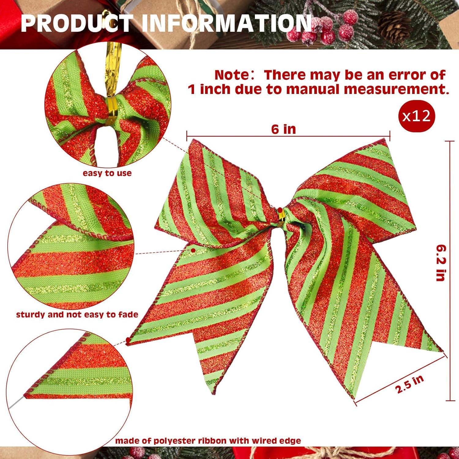 Sandistore Cute Cars 12pcs Christmas Tree Bows Ornaments 6 Inch Large Christmas Wreath Bows Red Green Xmas Tree Bows Christmas Glitter Dot Bows Ribbons Decoration For Garland Diamonds for Crafts