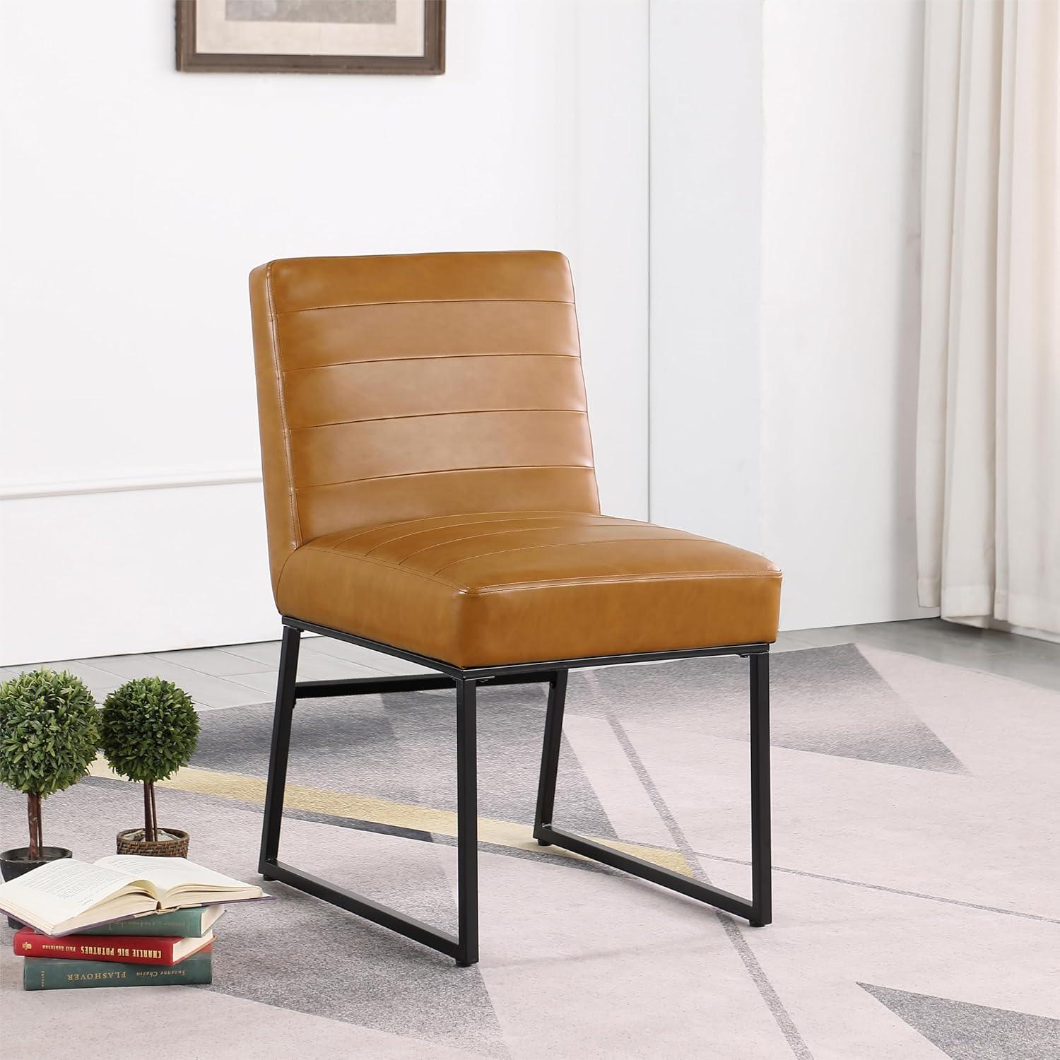 HomePop Channel Back Dining Chair with Metal Legs, Carmel Faux Leather