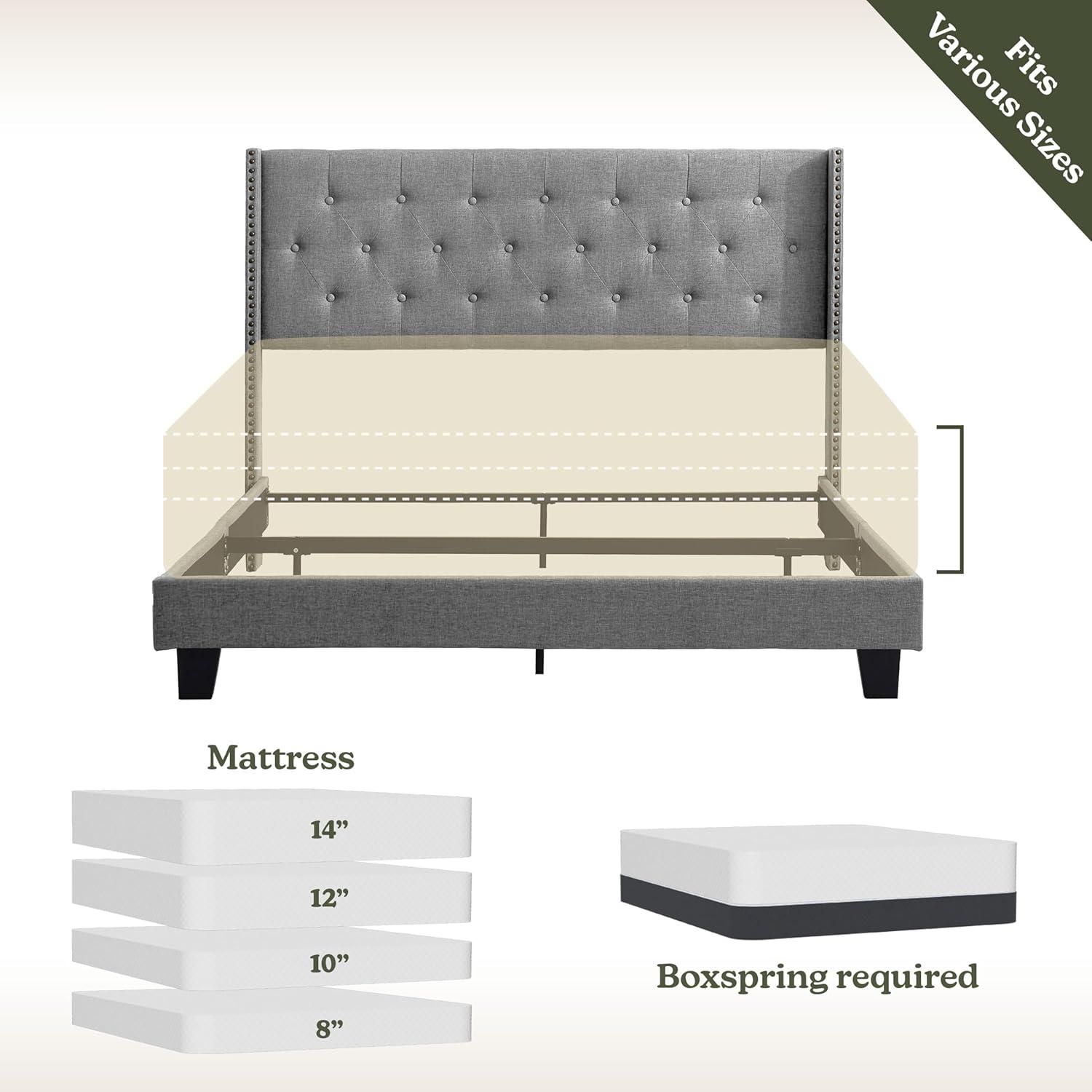 Bryt Wingback Diamond Upholstered Platform Bed, King Size Bed Frame with Headboard - Silver