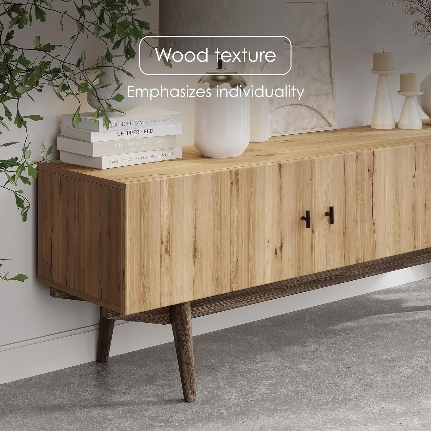 Living Skog  Chelsea Brown TV Stand Fits for TV's up to 65 in. with Slatted Design and Wood Legs light brown Matte Laminate