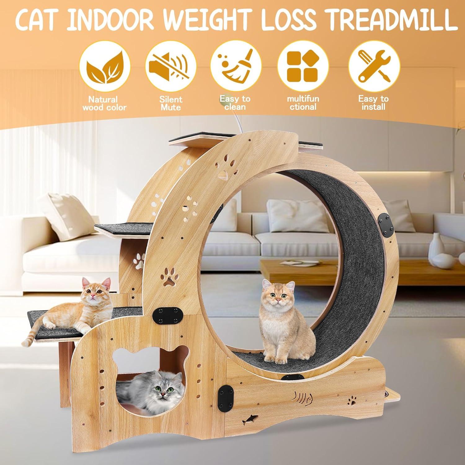 CuisinSmart Cat Running Wheel Nature Wood Kitty Large Wooden Running Wheel Pet Toy Cats Loss Weight Device Cat Rotating Wheel 4 in 1 Ultra Quiet Large Cat Wheel Exercise Treadmill