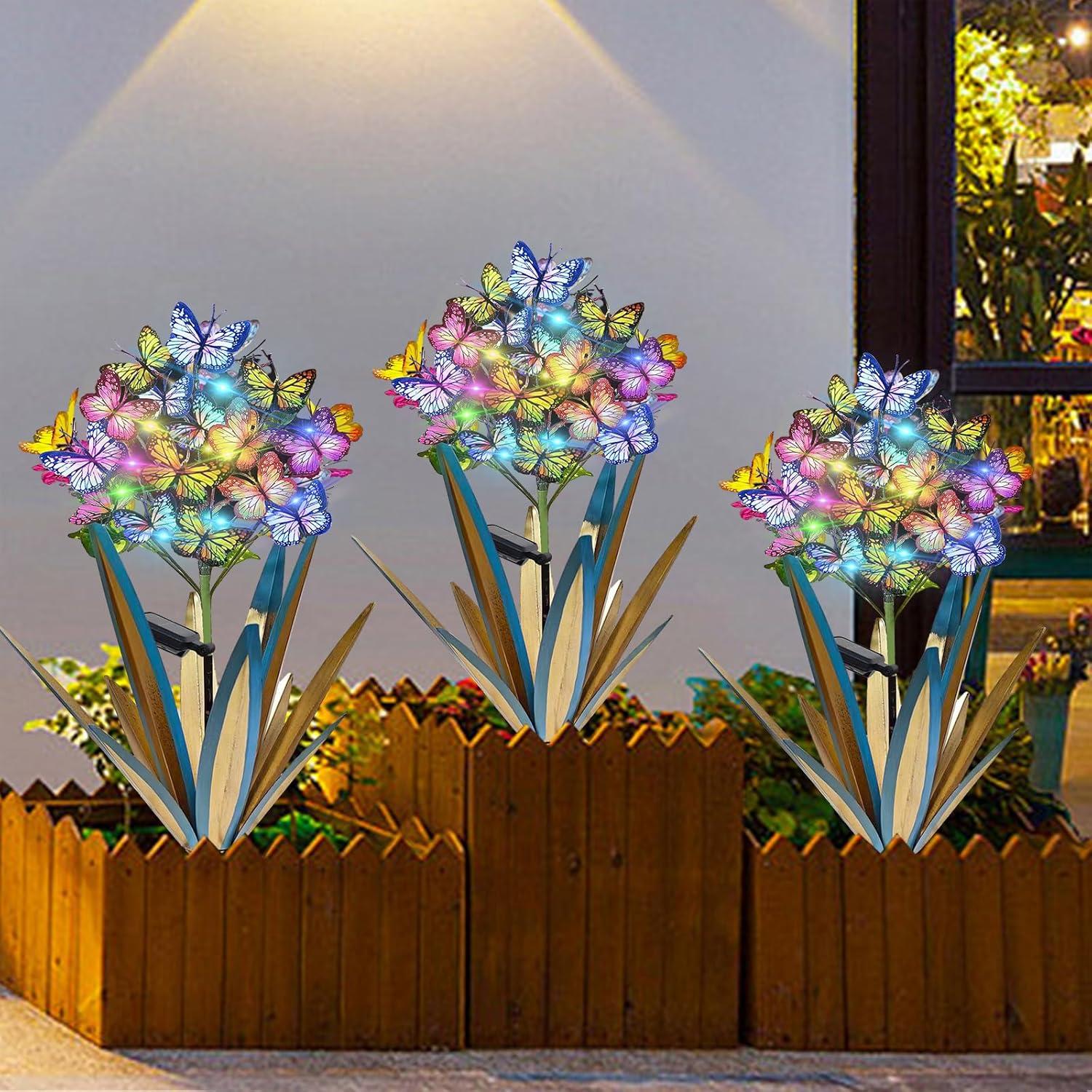 Solar Metal Agave Butterfly Flower Stick Garden Sculpture Swaying Butterfly Garden Light Solar Outdoor (2 PCS Blue)