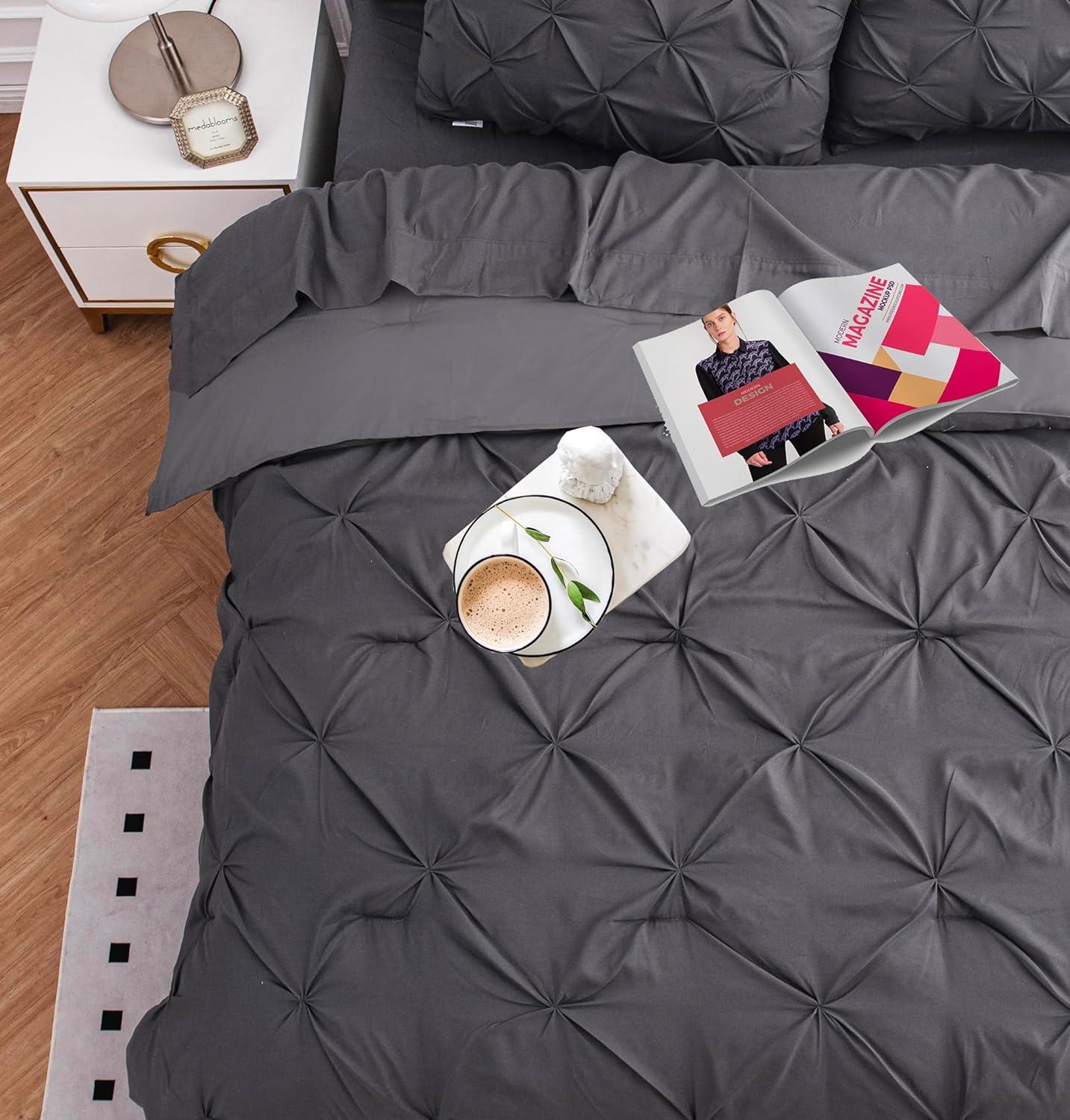 King Size Comforter Set - Bedding Set King 7 Pieces, Pintuck Bed in a Bag Grey Bed Set with Comforter, Sheets, Pillowcases & Shams