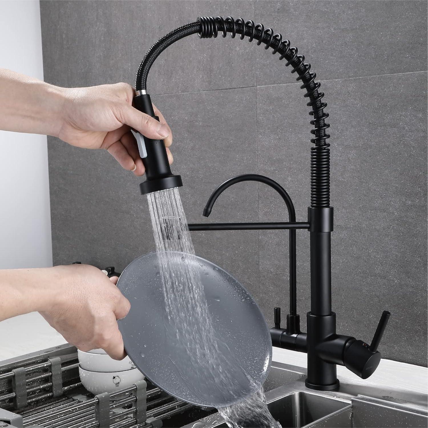 Matte Black Dual Handle Pull Down Kitchen Faucet with Sprayer