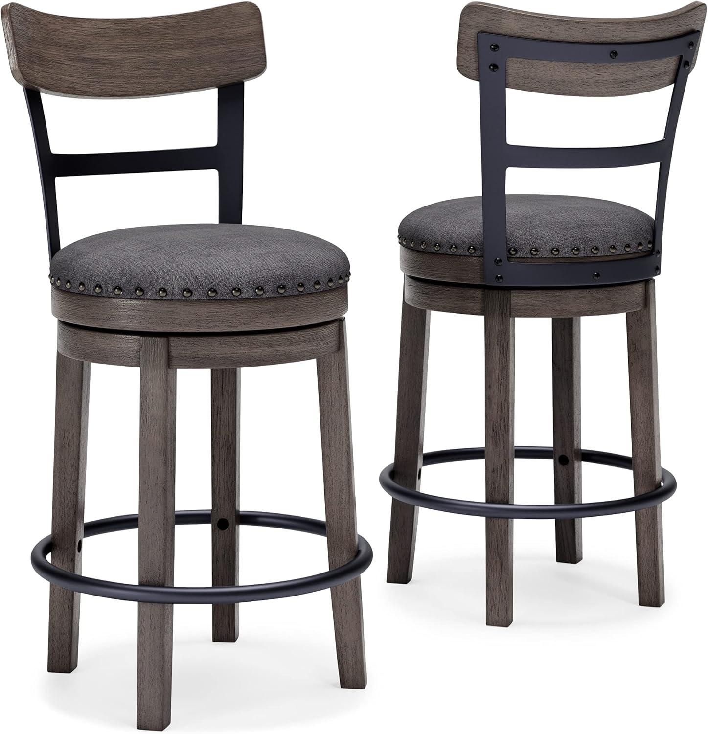 Gray Medium Wood and Metal Swivel Bar Stool with Nailhead Trim