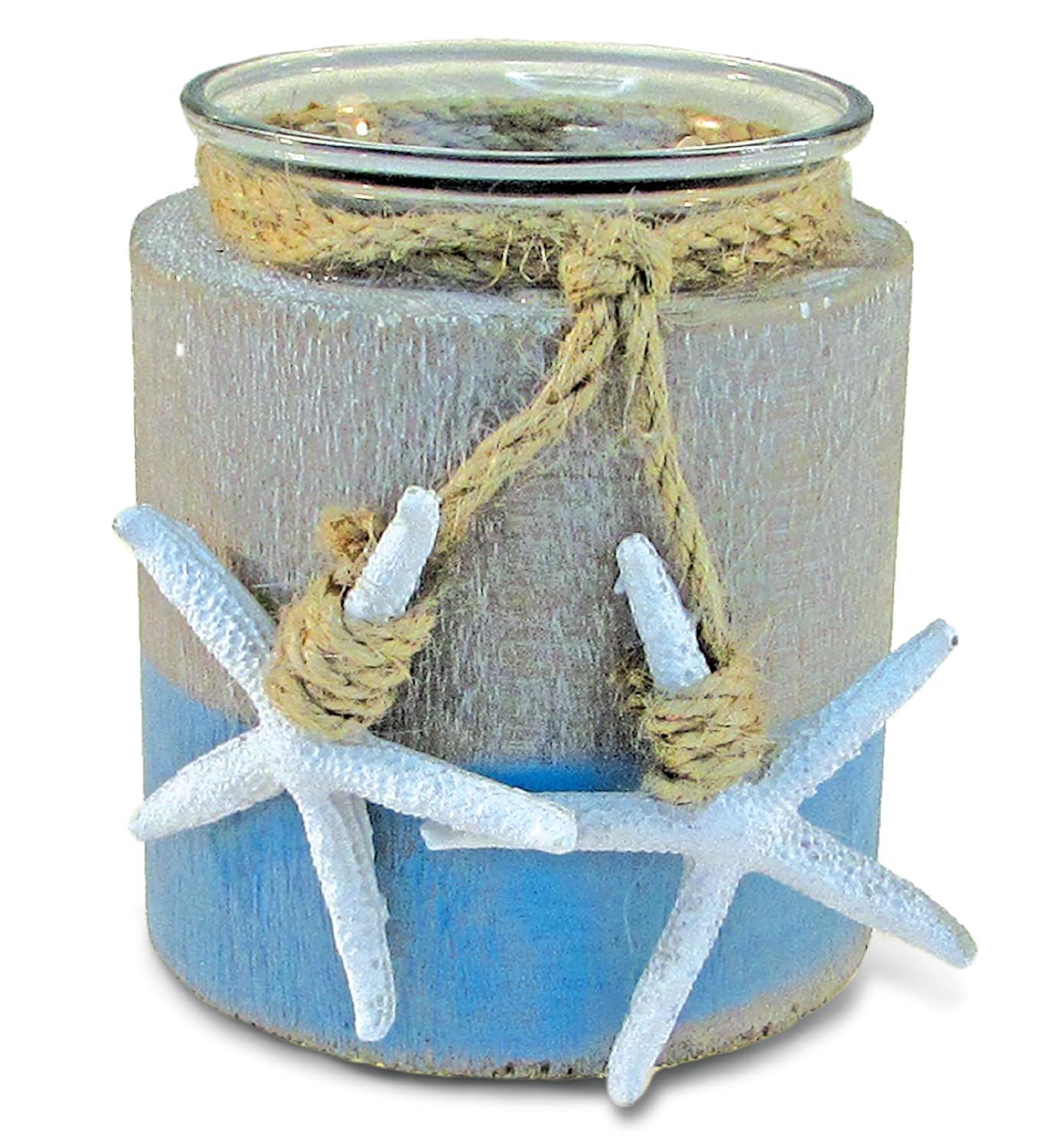 CoTa Global Ocean Breeze Wooden Pillar Candle Holder - Tabletop Coastal Decor Candle Holder with Hanging White Starfish, Ocean-Themed Blue Candle Holder Centerpieces - Handmade, Color May Vary