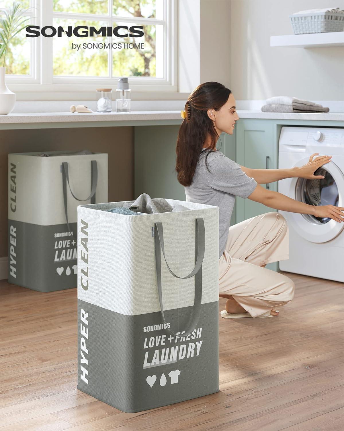 SONGMICS Laundry Baskets, Laundry Hamper with 2 Compartments, 23.8 Gallon (90L) Set of 2 Collapsible Water-Repellent Clothes Hampers, Tall Laundry Bag for Bedroom Bathroom, Light Gray ULCB209G12