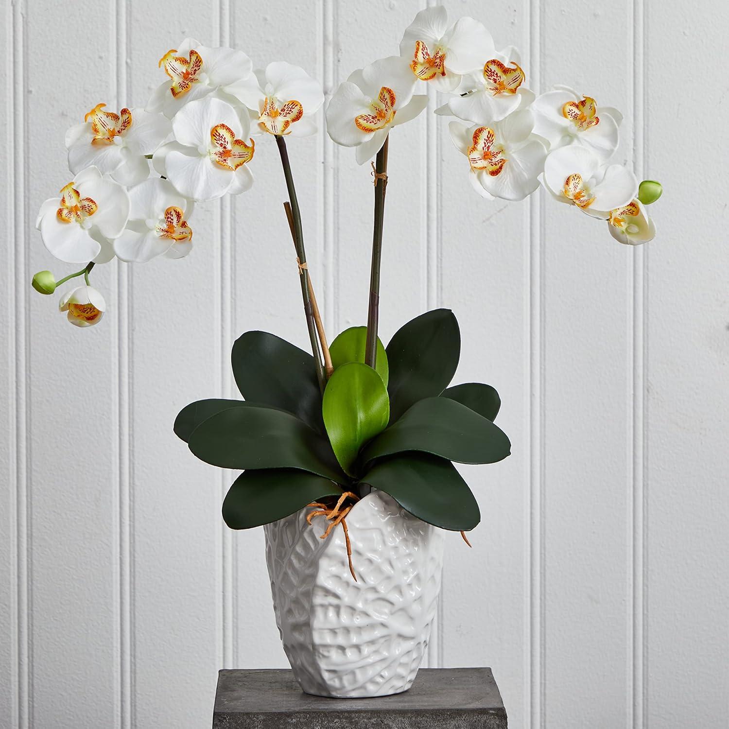 Silk Plant Nearly Natural Double Phalaenopsis Orchid in White Vase