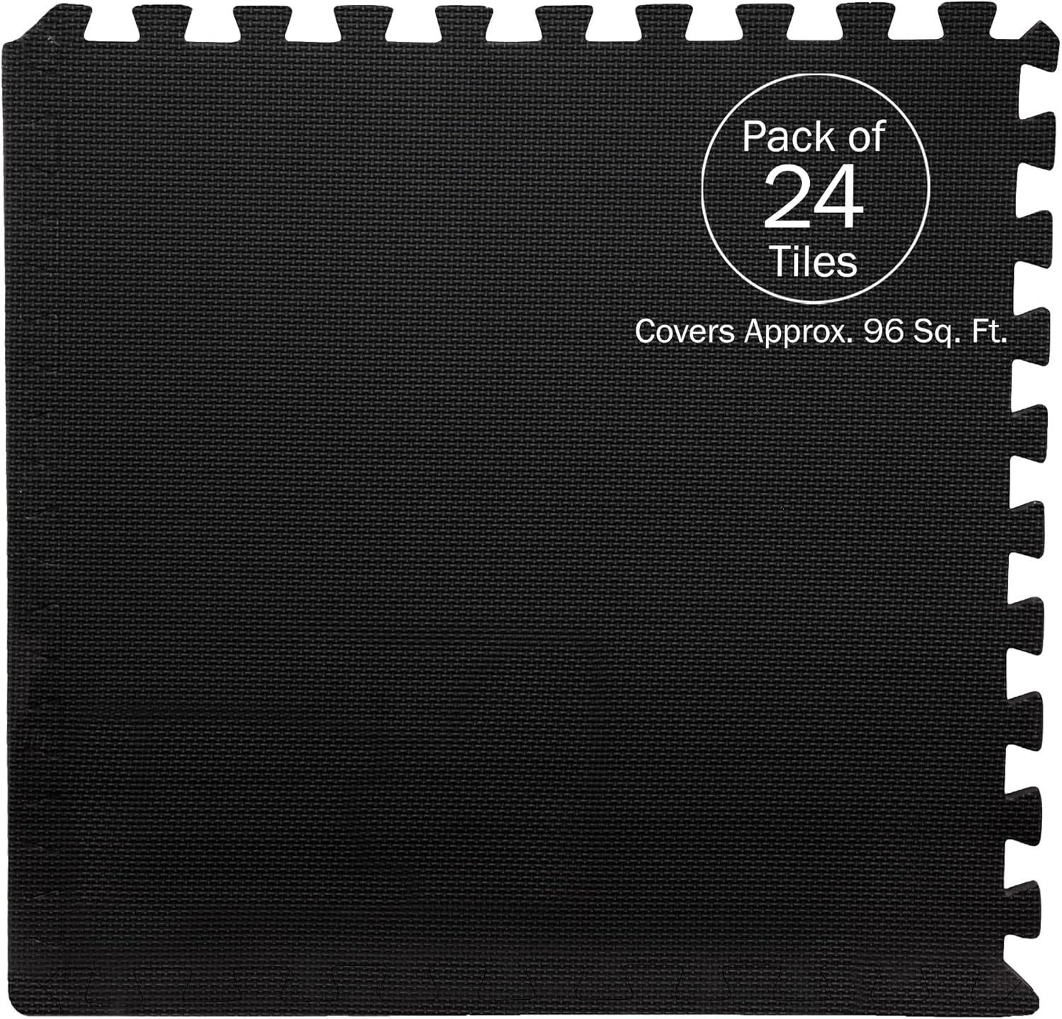 EVA Foam Mat Tiles 24-Pack - 96 SQ FT of Interlocking Padding for Garage, Playroom, or Gym Flooring - Exercise Mat or Baby Playmat by Stalwart (Black)