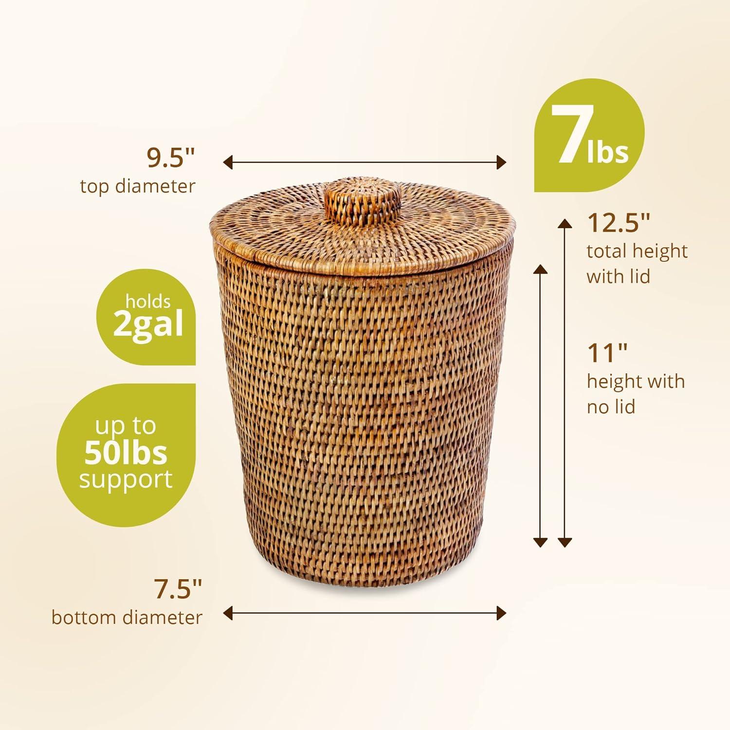 Kouboo La Jolla Rattan Wastebasket Round Plastic Insert & Lid, Waste Basket for Bedroom, Living Room, and Bathroom, Small, Honey Brown