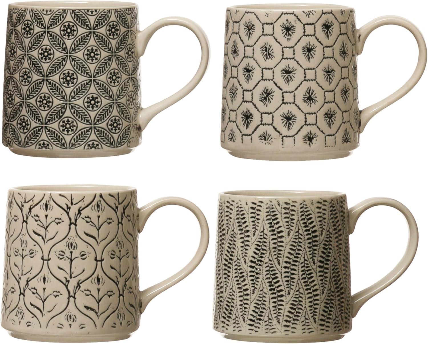 Set of 4 Black and Beige Ceramic Embossed Mugs