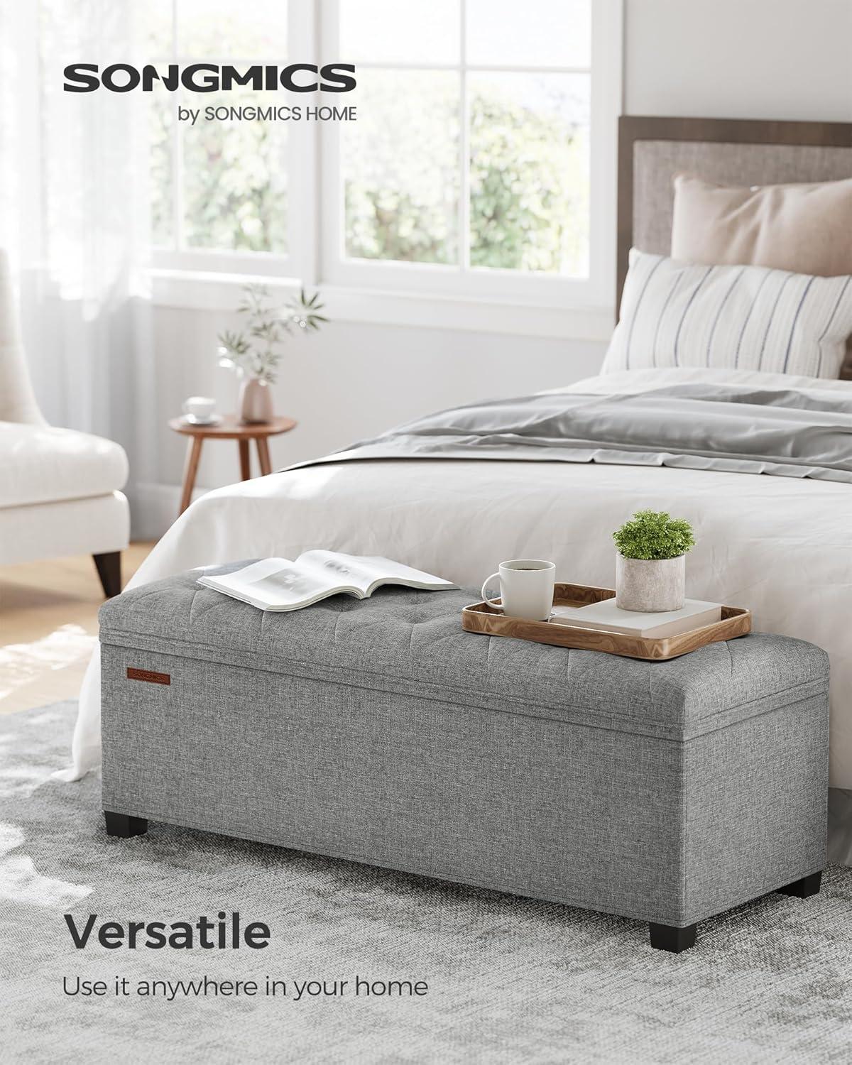 Light Gray Tufted Linen Storage Ottoman Bench with Legs