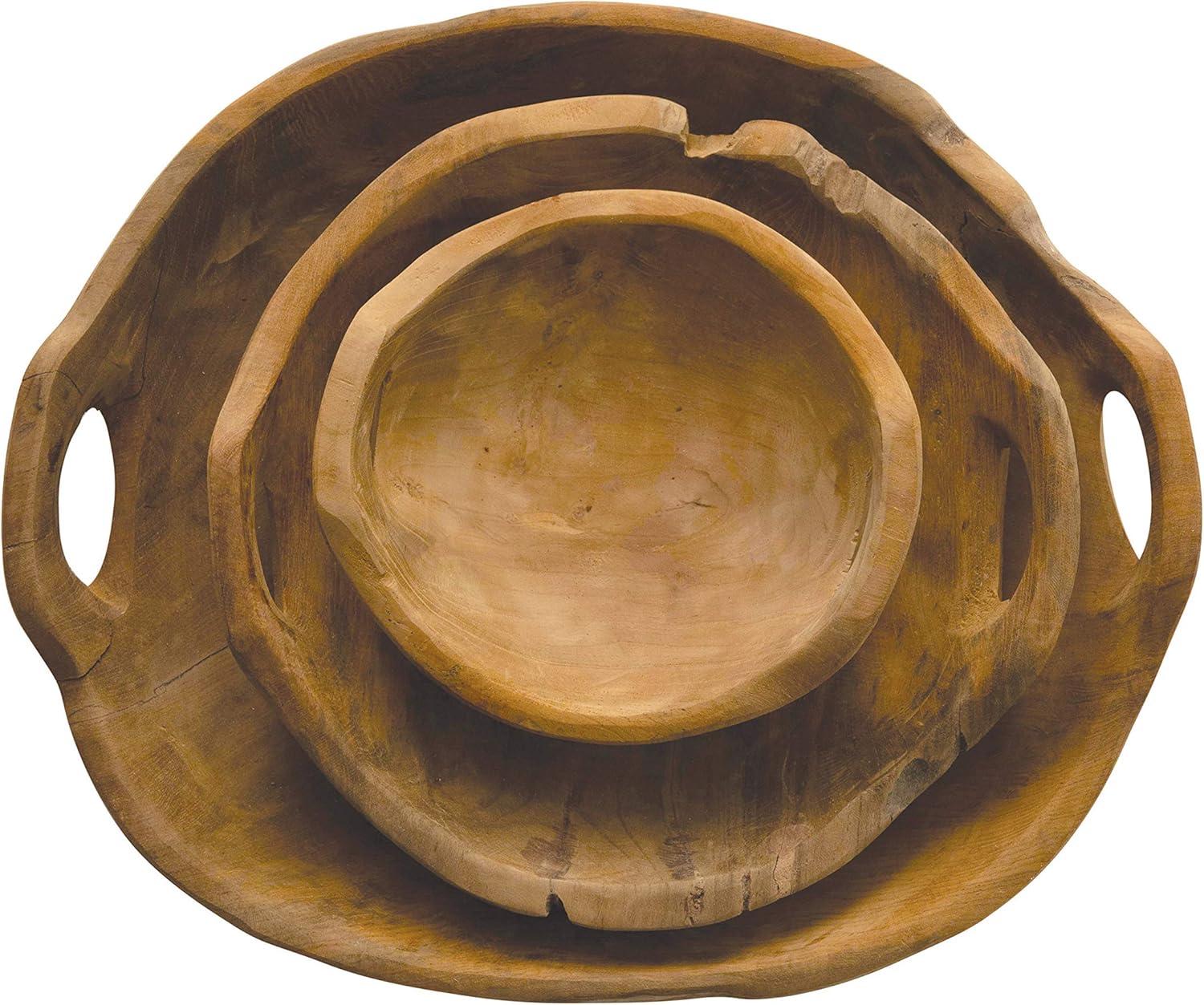 Hand-Carved Teak Wood Serving Bowls with Handles, Set of 3