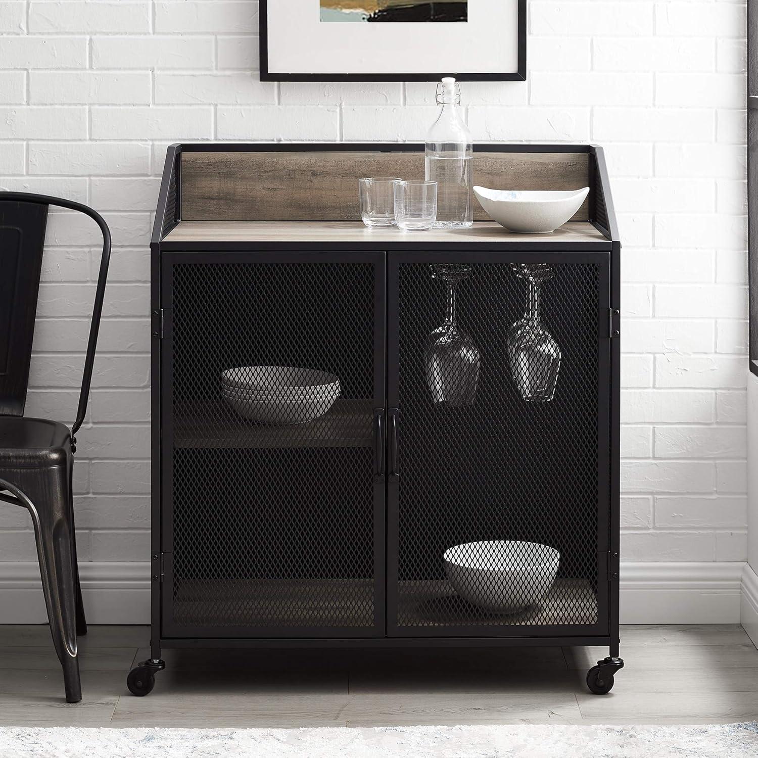 Walker Edison Industrial Bar Cabinet with Wheels, Grey Wash