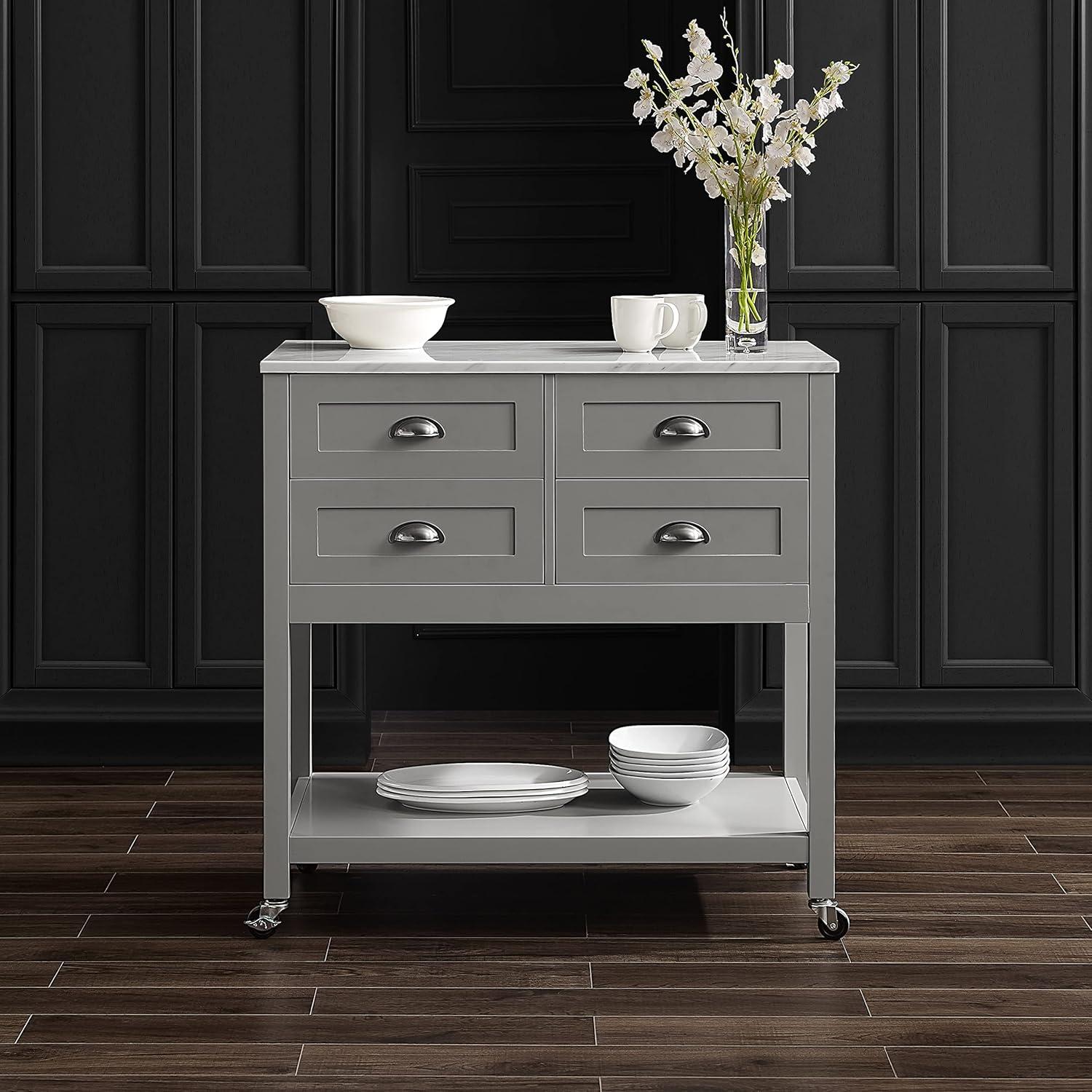 Connell Kitchen Island Cart Gray/White Marble - Crosley: Mobile Storage, 4 Drawers, Open Shelf, Locking Wheels