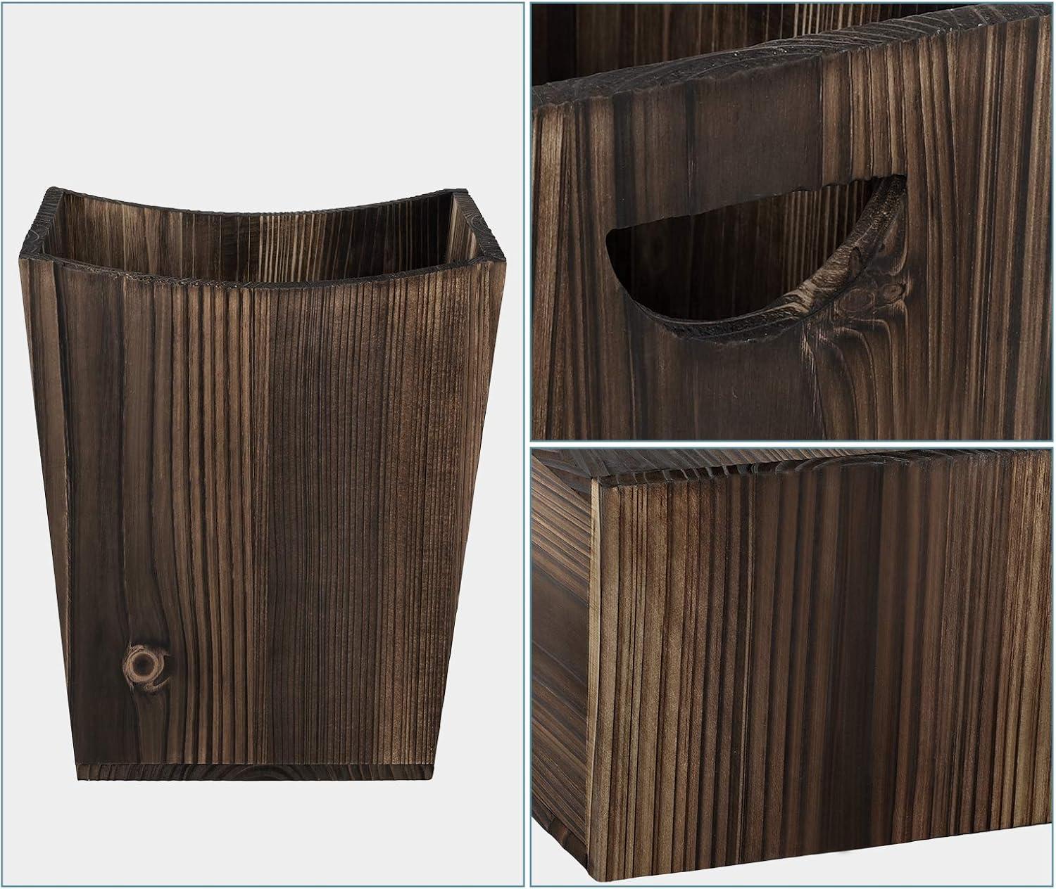 Rustic Brown Fir Wood Rectangular Wastebasket with Handles