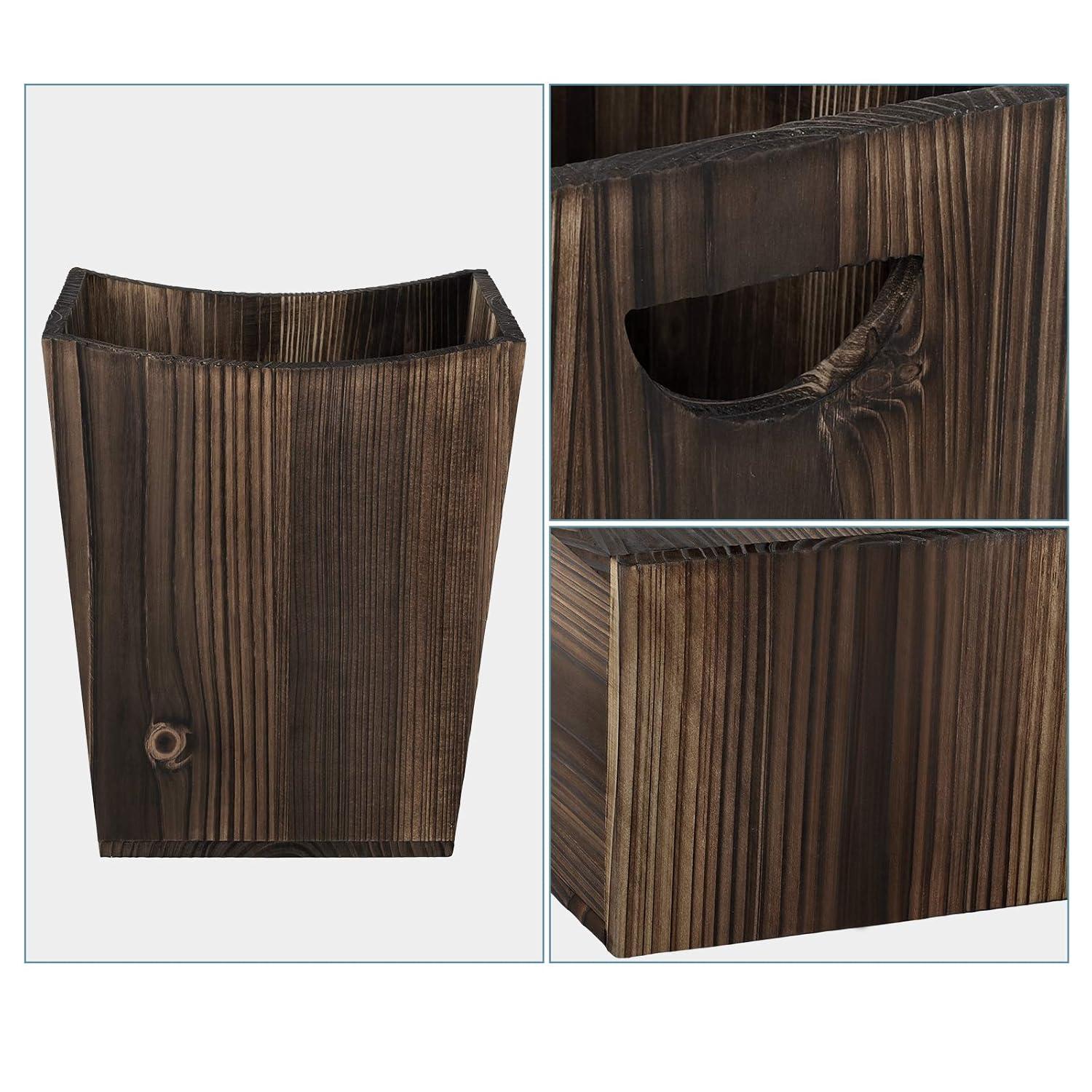 Rustic Brown Fir Wood Rectangular Wastebasket with Handles