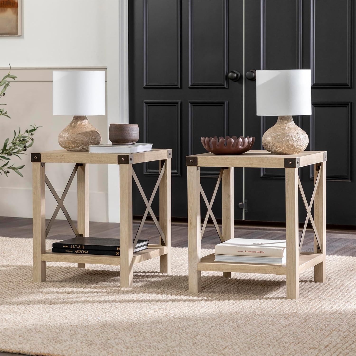 Farmhouse Metal-X End Tables with Lower Shelf in Gray Wash (Set of 2)