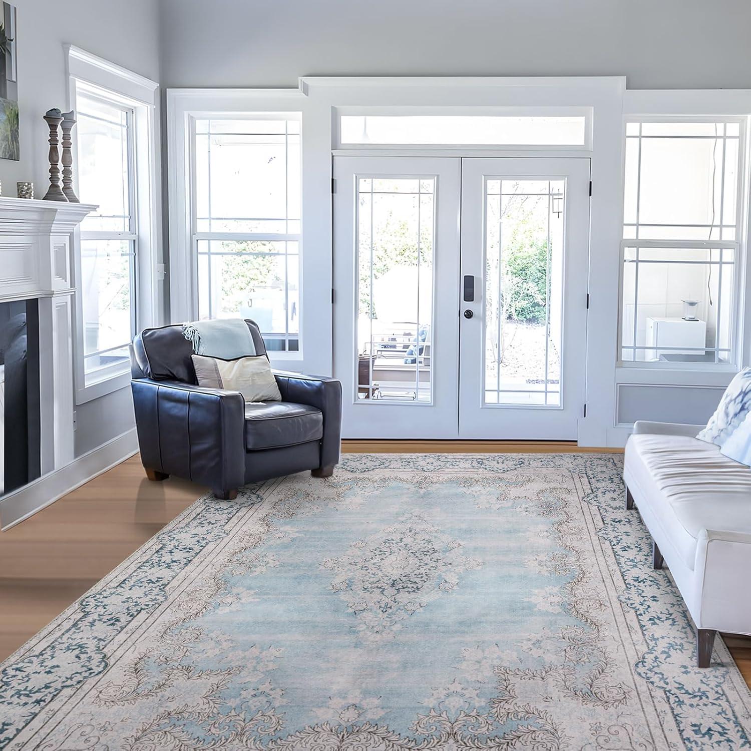 DECOMALL FEAONA Blue Oriental Machine Washable and Foldable Area Rug