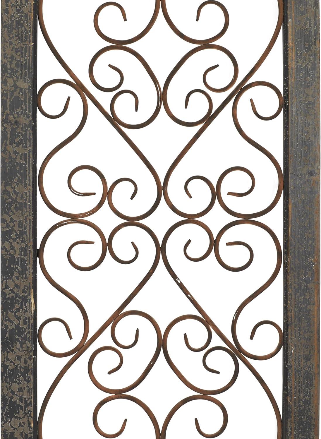 Olivia & May Traditional Wood Scroll Window Inspired Wall Decor with Metal Scrollwork Relief Brown: Vertical Iron Frame, Carved Art Object