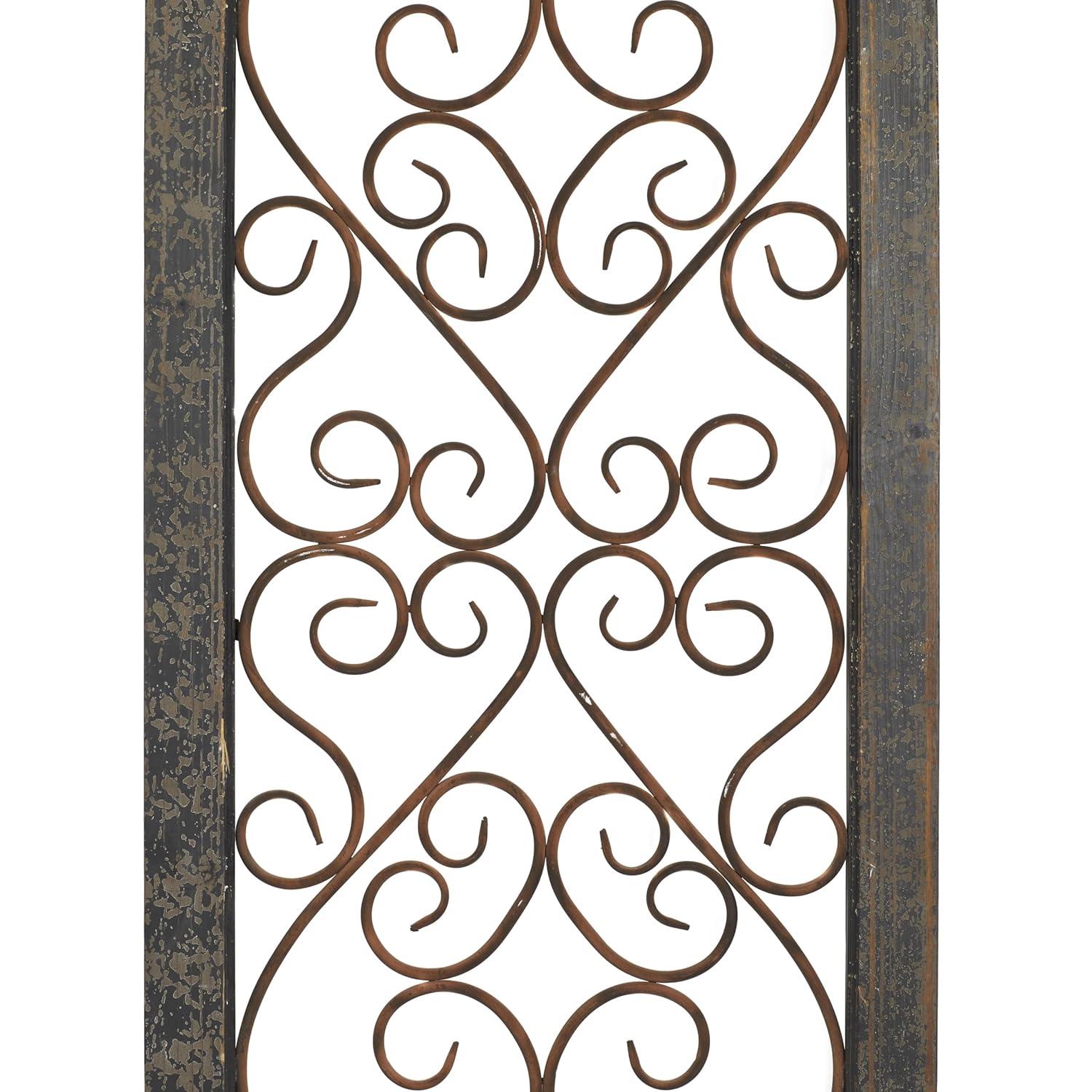Olivia & May Traditional Wood Scroll Window Inspired Wall Decor with Metal Scrollwork Relief Brown: Vertical Iron Frame, Carved Art Object