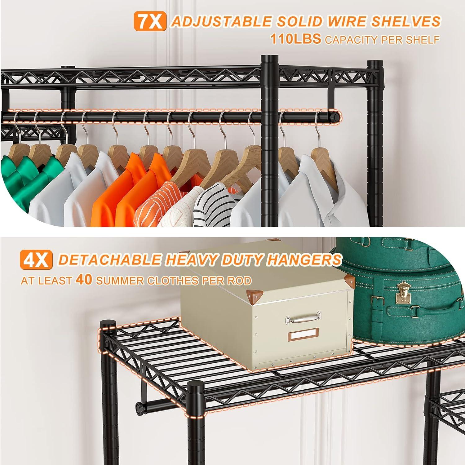 Raybee Clothes Rack Heavy Duty Load 840 LBS Adjustable Clothing Rack for Hanging Clothes,Metal Portable and Sturdy, 76.8" H x 68.8" W x 16.8" D Black
