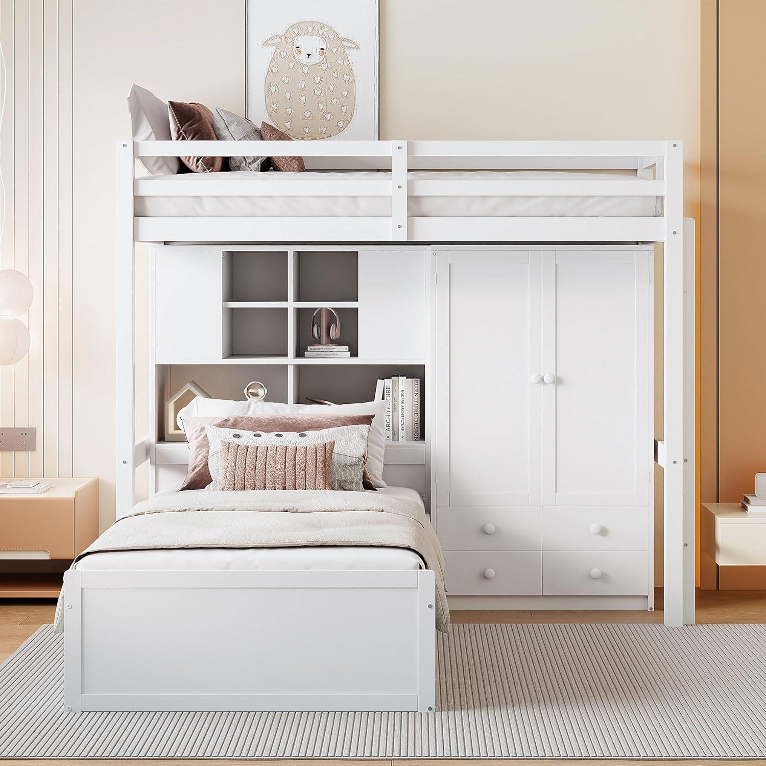 yuanhuan Twin Bunk Bed With Drawers, Wardrobe, Storage Shelves And Hydraulic Bed