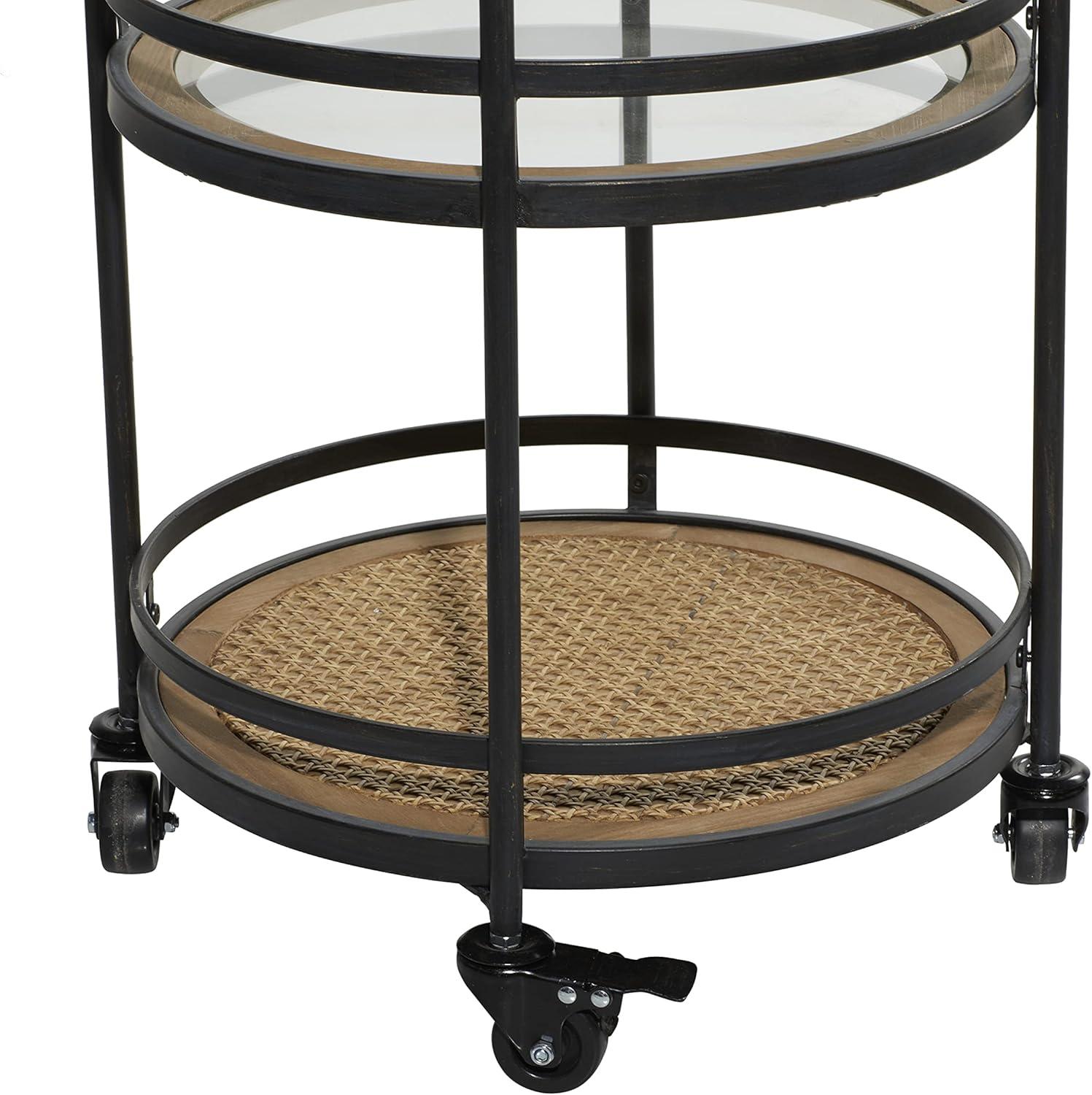 DecMode 21" x 35" Brown Metal Rolling 1 Rattan and 2 Glass Shelves Bar Cart with Handles, 1-Piece