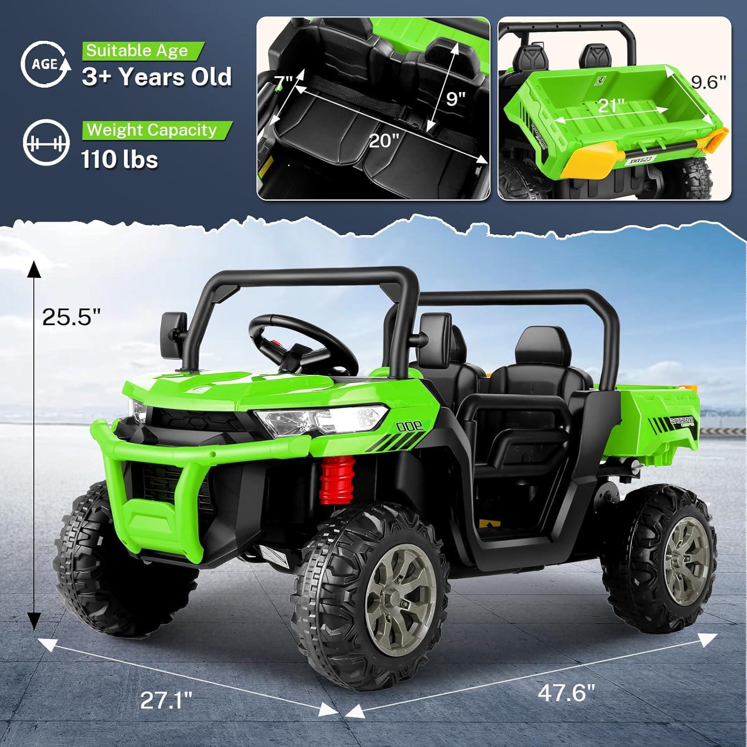 VIBESPARK 24 Volt Ride on Toys with Dump Bed, 2-Seater Ride on Dump Truck, 2×200W Electric Car for Kids Ride on UTV w/ Remote Control, Shovel, Bluetooth, Music, LED Light, 5MPH, Blue
