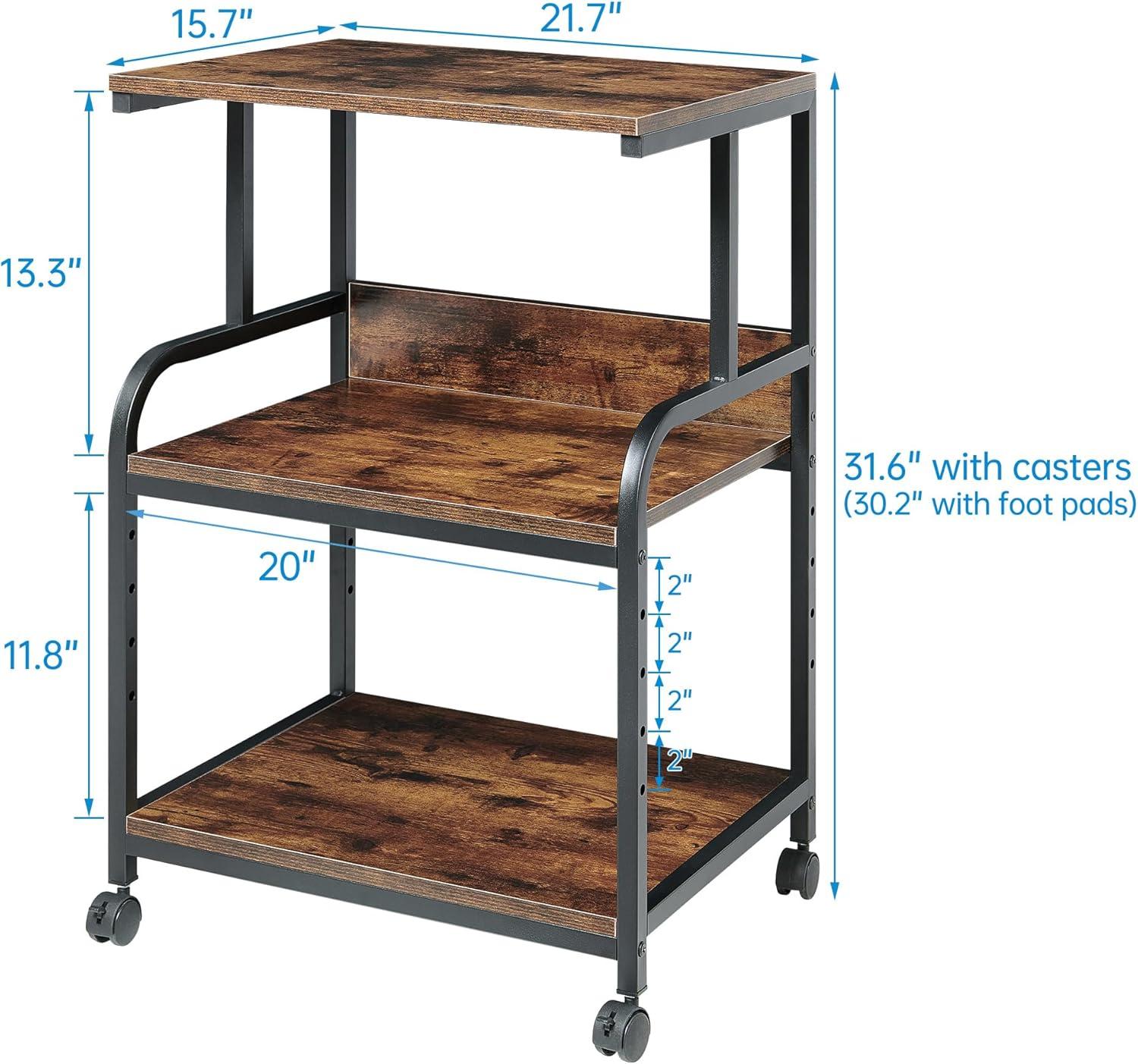 Printer Stand, Rolling Printer Cart with 3-Shelf, Modern Mobile Desk Organizer with 4 Wheels for Home and Office, Rustic Brown