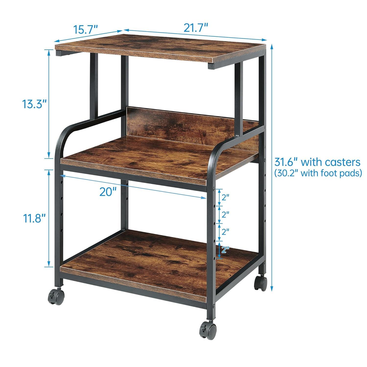 Printer Stand, Rolling Printer Cart with 3-Shelf, Modern Mobile Desk Organizer with 4 Wheels for Home and Office, Rustic Brown