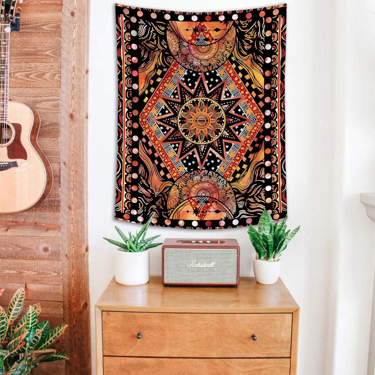 Orange Sun and Moon Tapestry Wall Hanging, Indie Hippie Mandala Cool Wall Tapestries, Aesthetic Tapestry for Bedroom Living Room Dorm (Orange, 60'''' × 80'''')