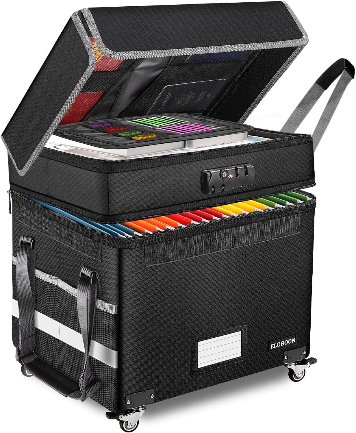 Collapsible File Organizer Box with Lock, Fireproof Document Box on Wheels, Rolling File Cabinet for Hanging Letter/Legal Folders, Black