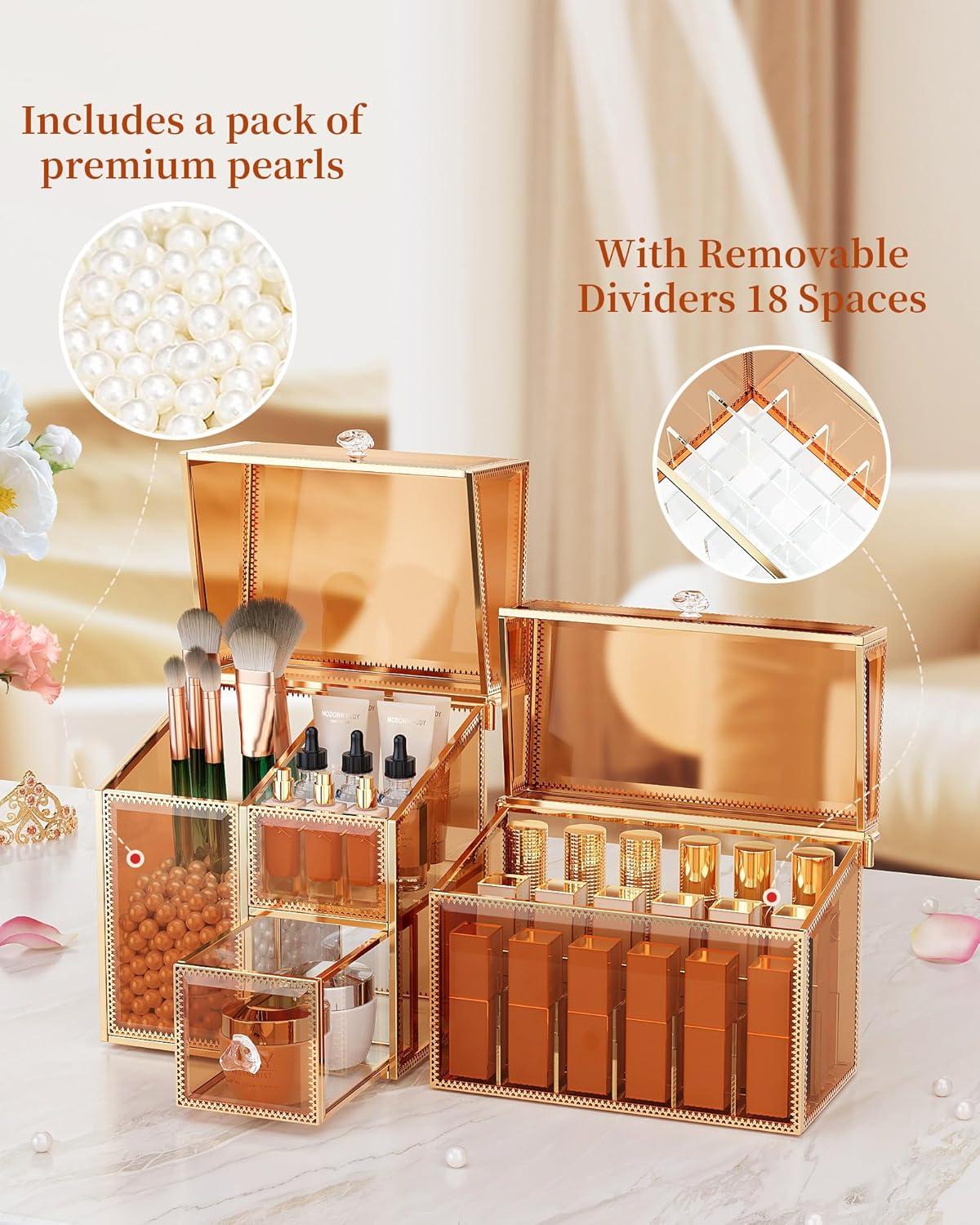 Extra Large Makeup Organizer, Glass Cosmetic Storage with Drawers, Stackable Makeup and Jewelry Organizer for Vanity Table, Bathroom Countertop, Skincare, Lipsticks, Perfume, Brushes