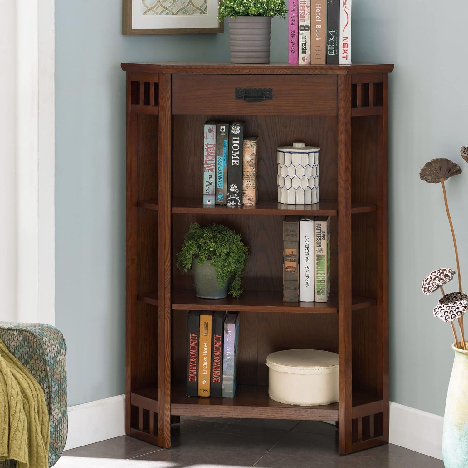 Leick Home 82263 Mission Mantel Height Corner Bookcase with Drawer Storage, Made with Solid Wood, for Entryway, Living Rooms, Home Office, Bedroom, Mission Oak Finish