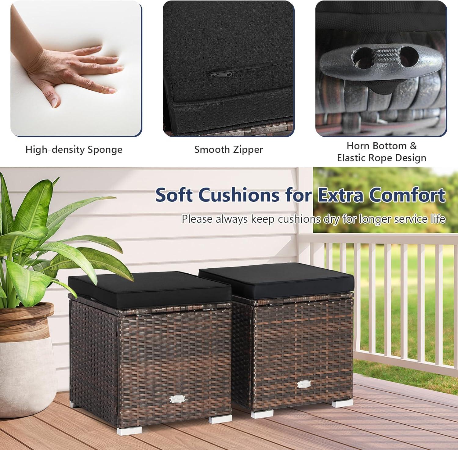 Navy Cushioned PE Rattan Storage Ottomans Set