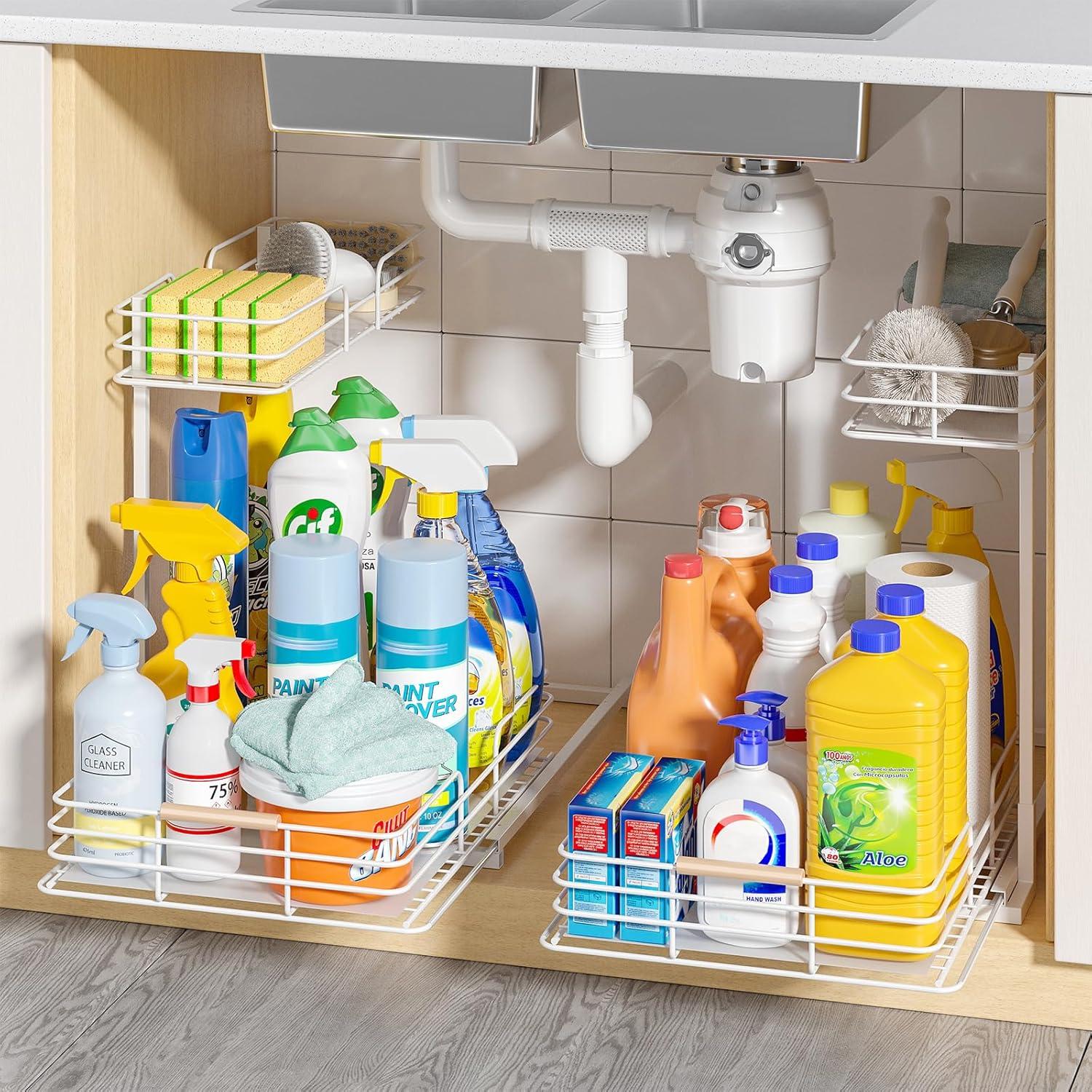 Delamu 2 Pack Under Sink Organizer and Storage, 2 Tier Pull Out Cabinet Organizer, Slide Out Under Sink Storage Shelf for Kitchen Bathroom, White
