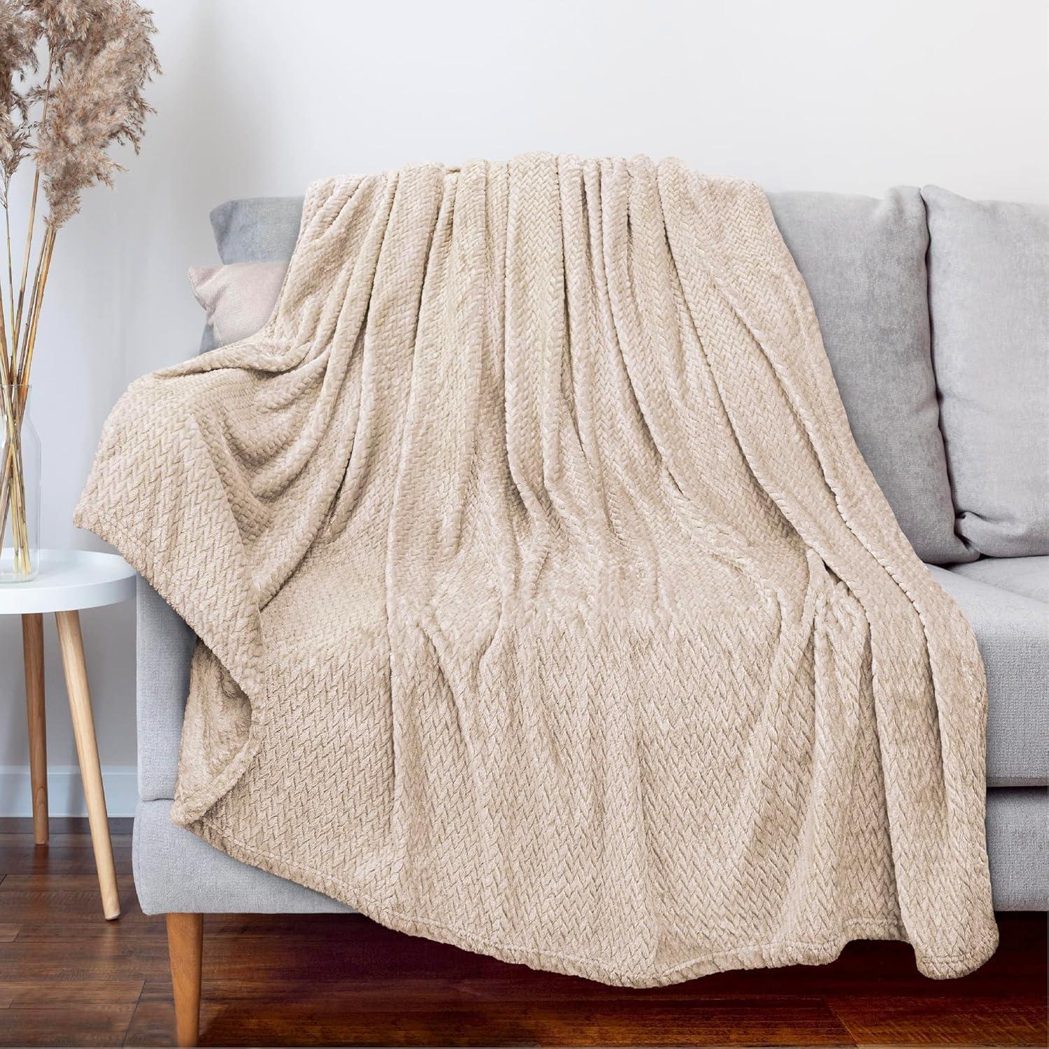 Plush Textured Waffle Knit 60”L x 50”W Lightweight Reversible Microfiber Sherpa Throw Blanket for Adults, Kids, Pets, Beds, Couches and Loveseats in Cream