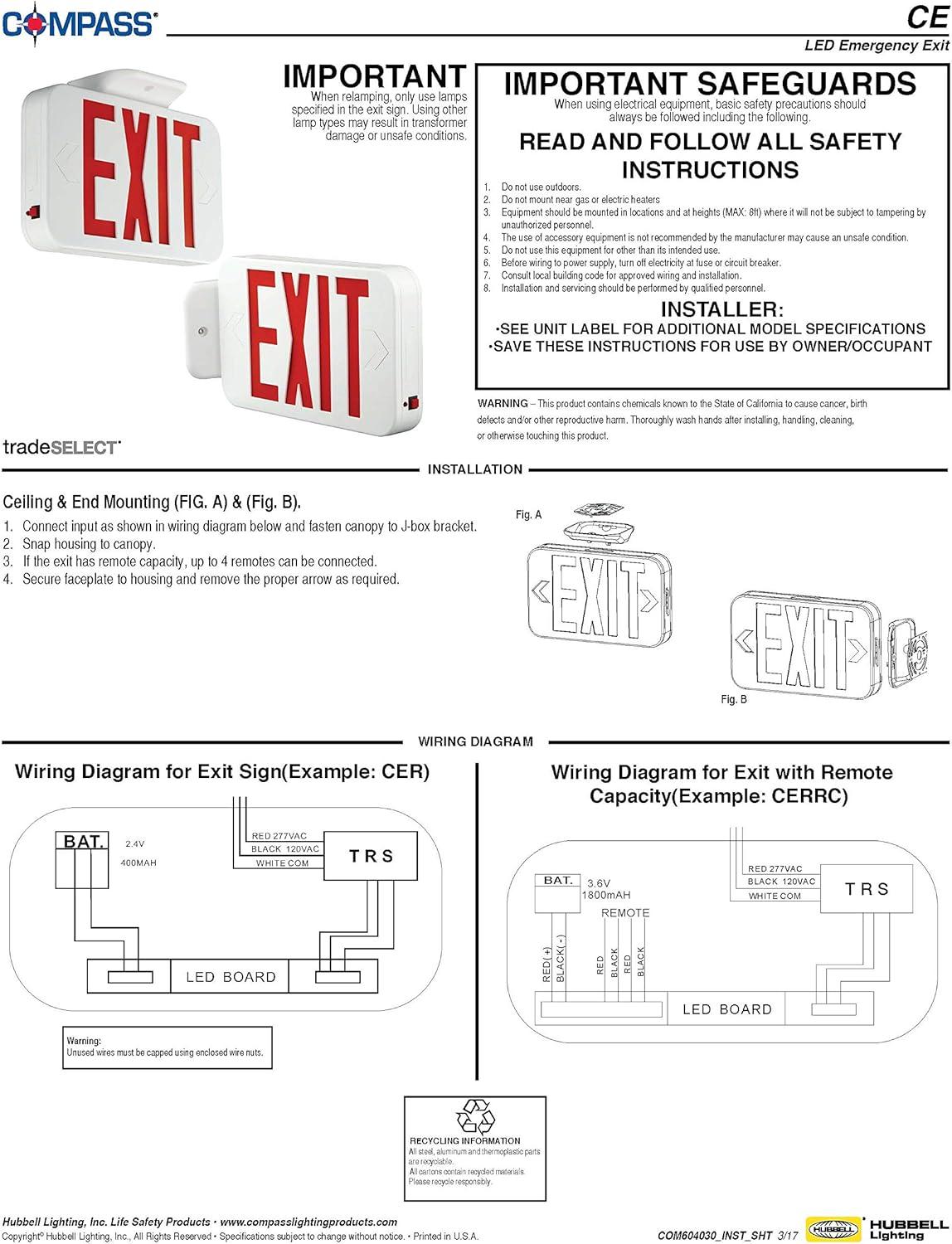 Hubbell Lighting CER Compass CE Series 1.8-Watt White and Red Integrated LED Exit Sign with NiCad Battery