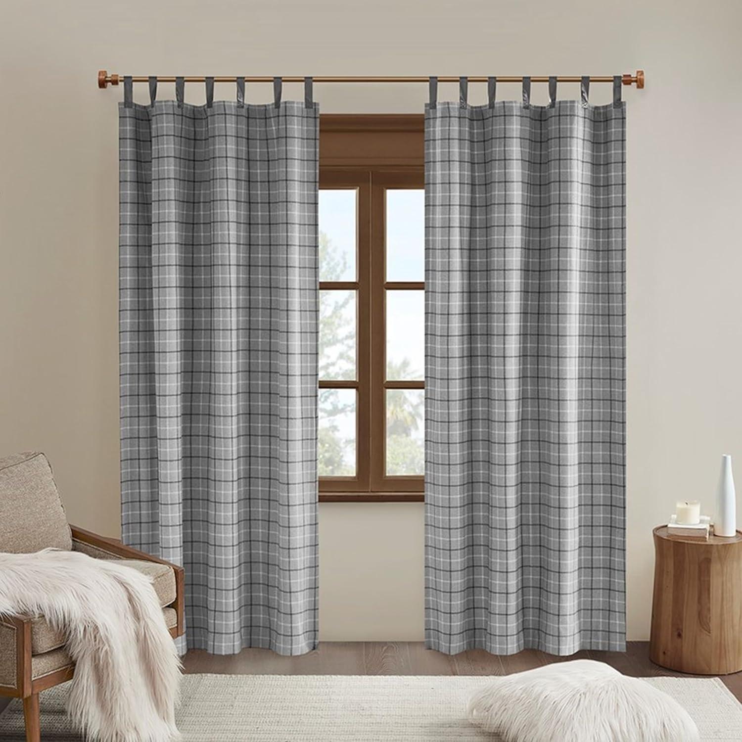 Anaheim Plaid Faux Leather Tab Top Single Curtain Panel with Fleece Lining