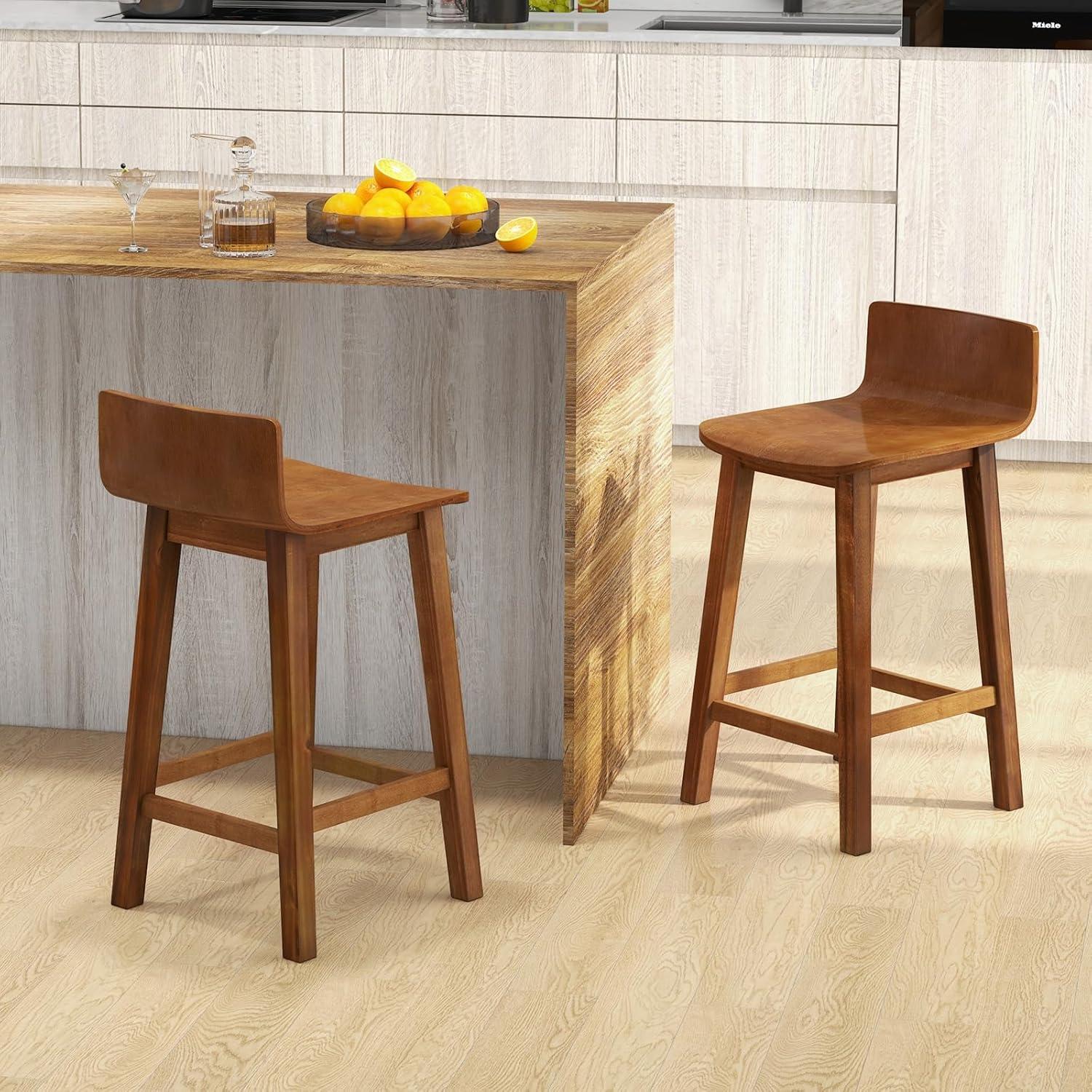 Topcobe Wood Bar Stools Set of 2 with Solid Back and Seat, Bar Stools for Kitchen Counter Pub Bistro Dining, Brown