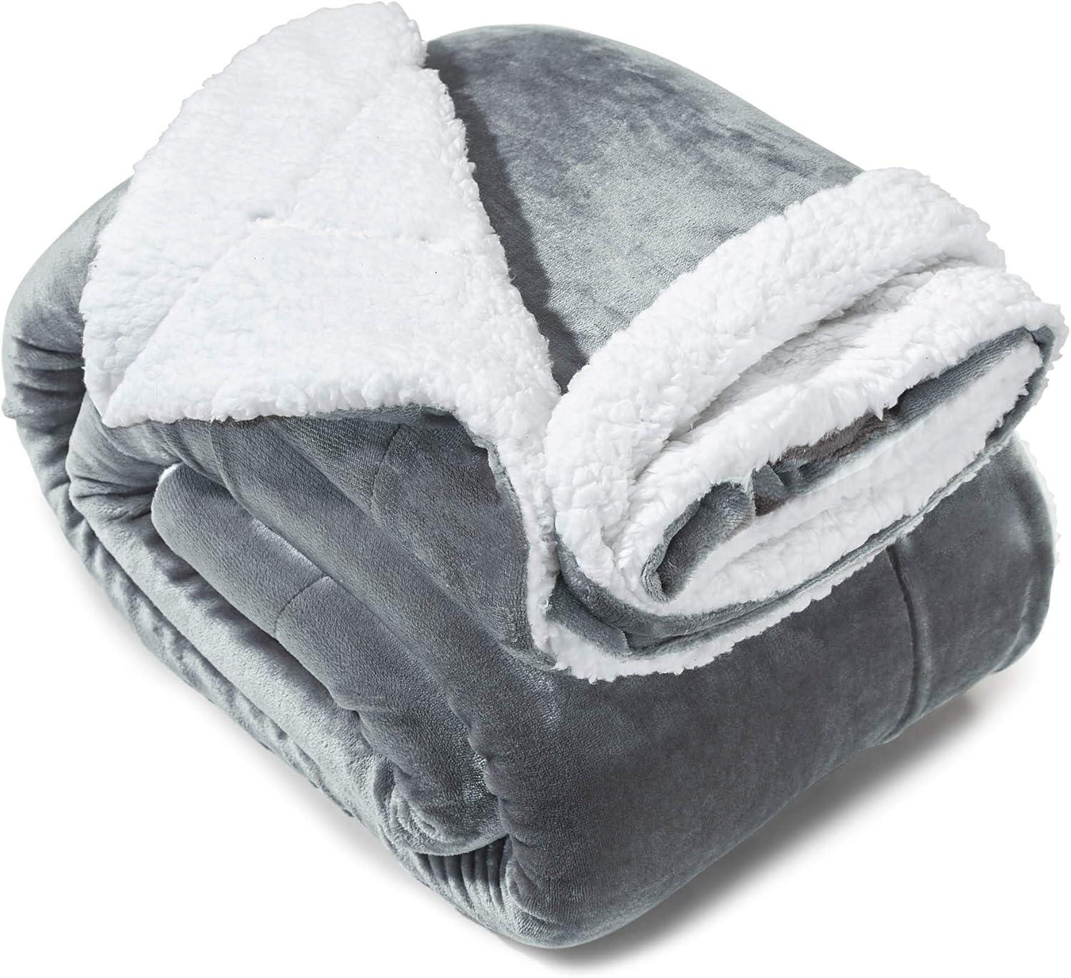 Gray and White Reversible Sherpa Fleece Throw Blanket 50 x 60 Inch