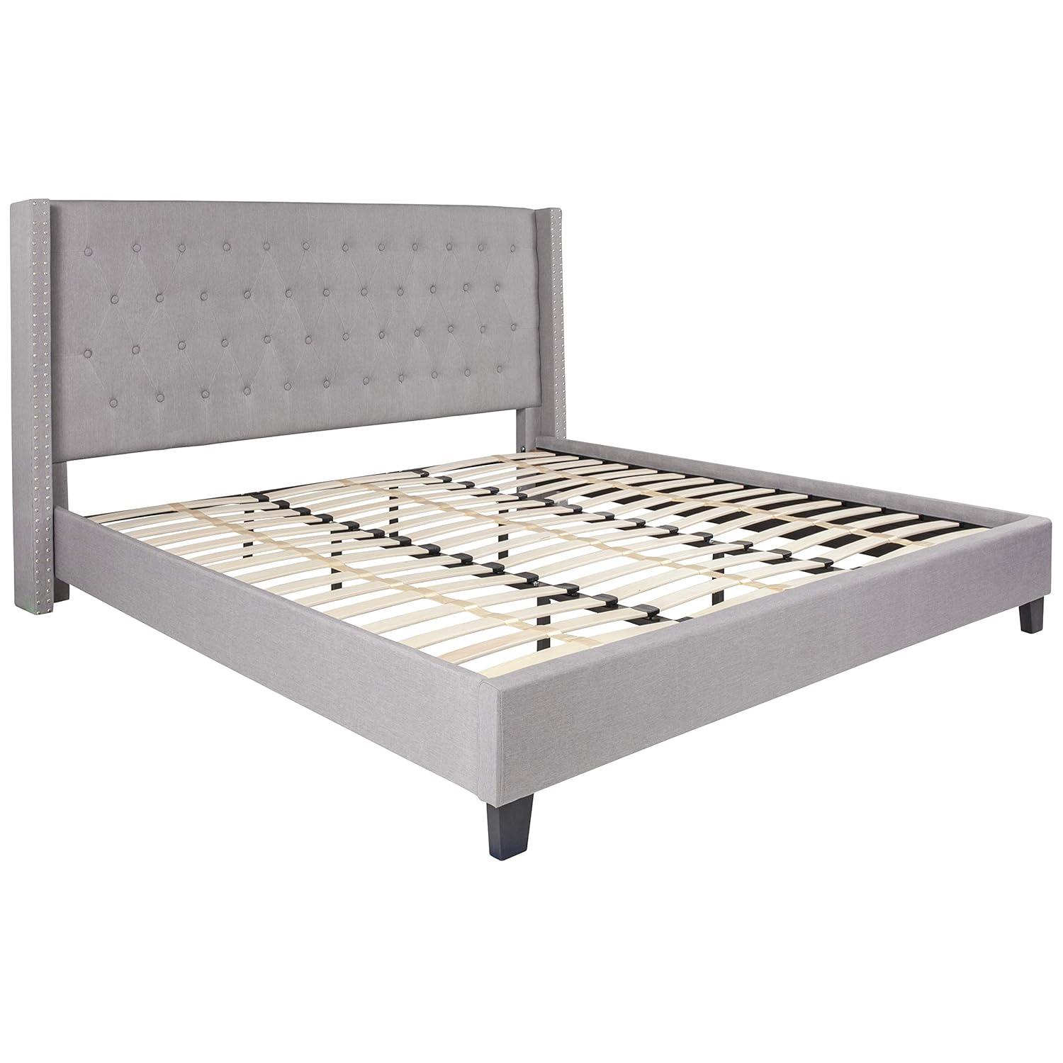 Riverdale Light Gray Tufted King Platform Bed with Nailhead Trim