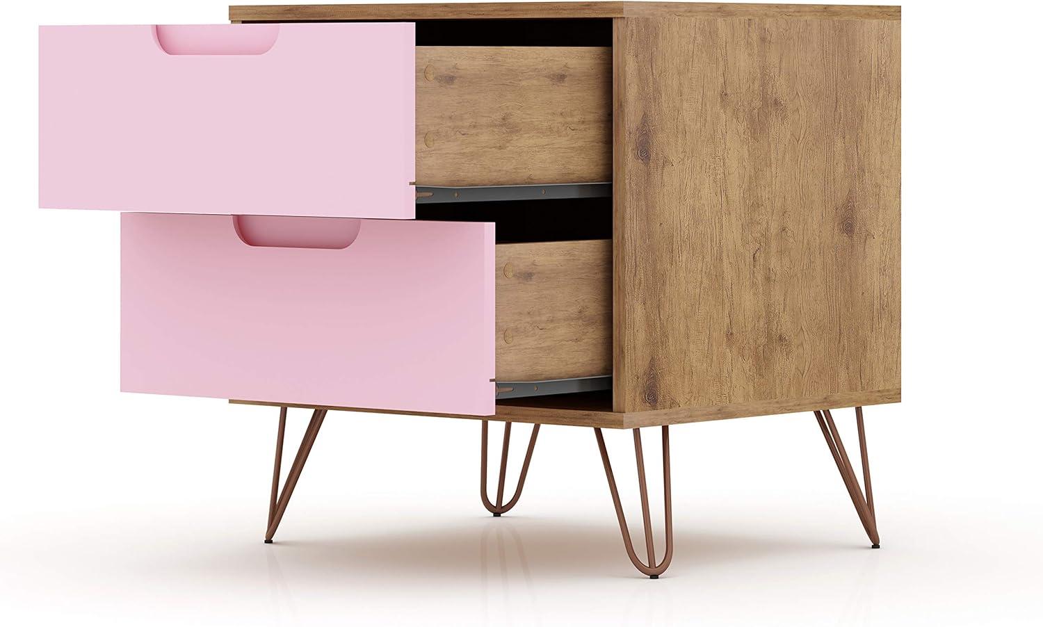 2.0 Rockefeller Nightstand Natural/Rose Pink - Manhattan Comfort: Modern MDF Bedside Storage with Metal Glides