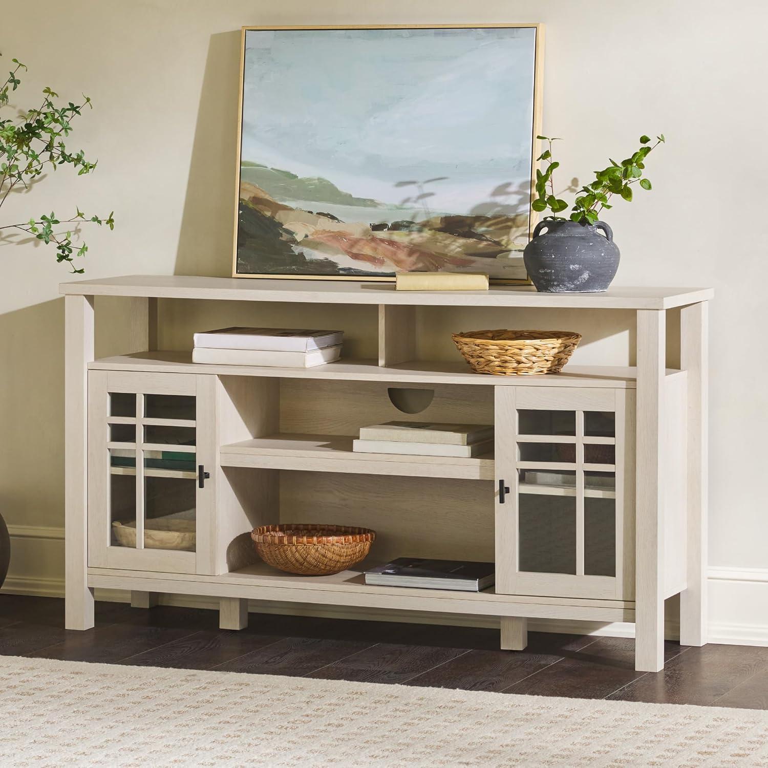 Walker Edison 58" Transitional 2-Door Windowpane TV Stand for TVs up to 65”, Ivory Oak