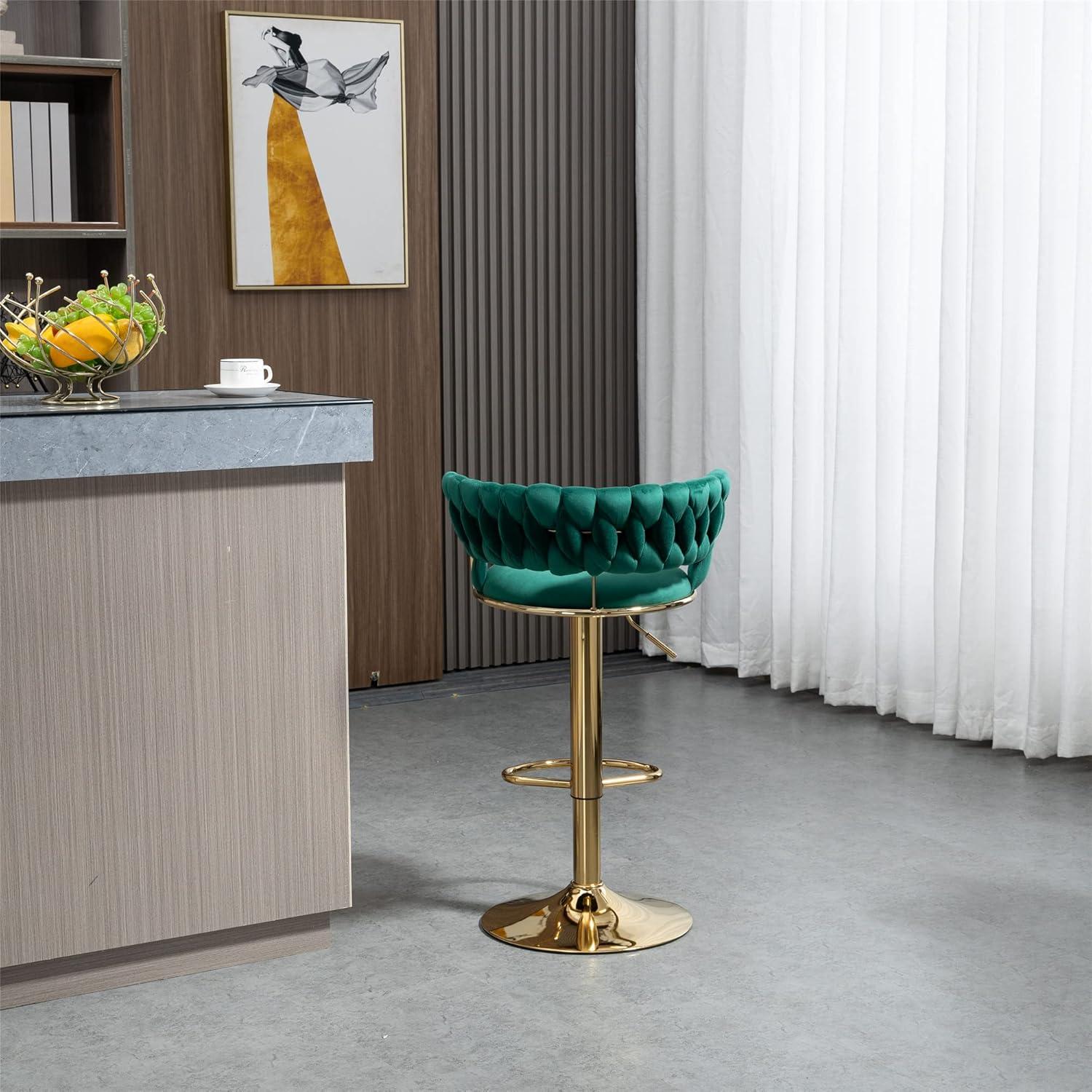 Emerald Green Velvet Adjustable Swivel Bar Stools with Gold Base, Set of 2