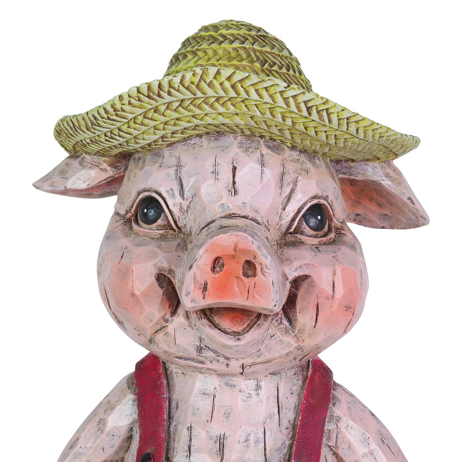 Exhart Garden Sculpture, Farmhouse Pig Solar Garden Statue with Glass Jars, LED Firefly Lights, Outdoor Garden Decoration, 12.5 Inch